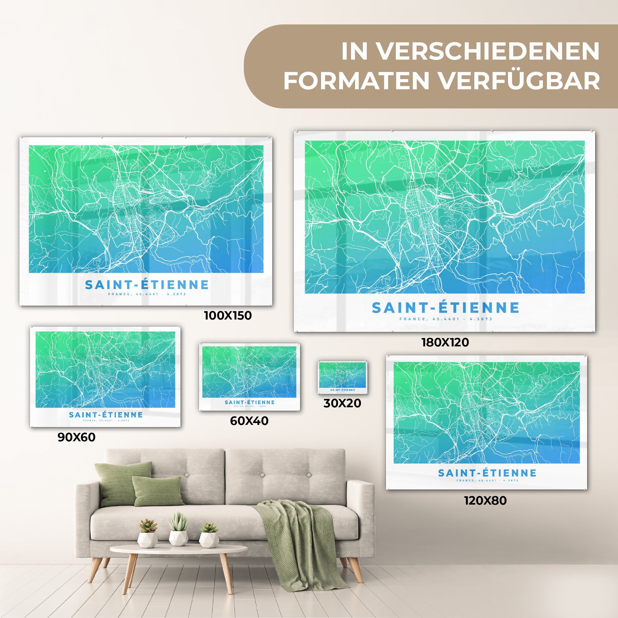 Frankreich Acrylglasbilder Saint MuchoWow St), Stadtplan, (1 - - Wohnzimmer & Schlafzimmer Étienne Acrylglasbild