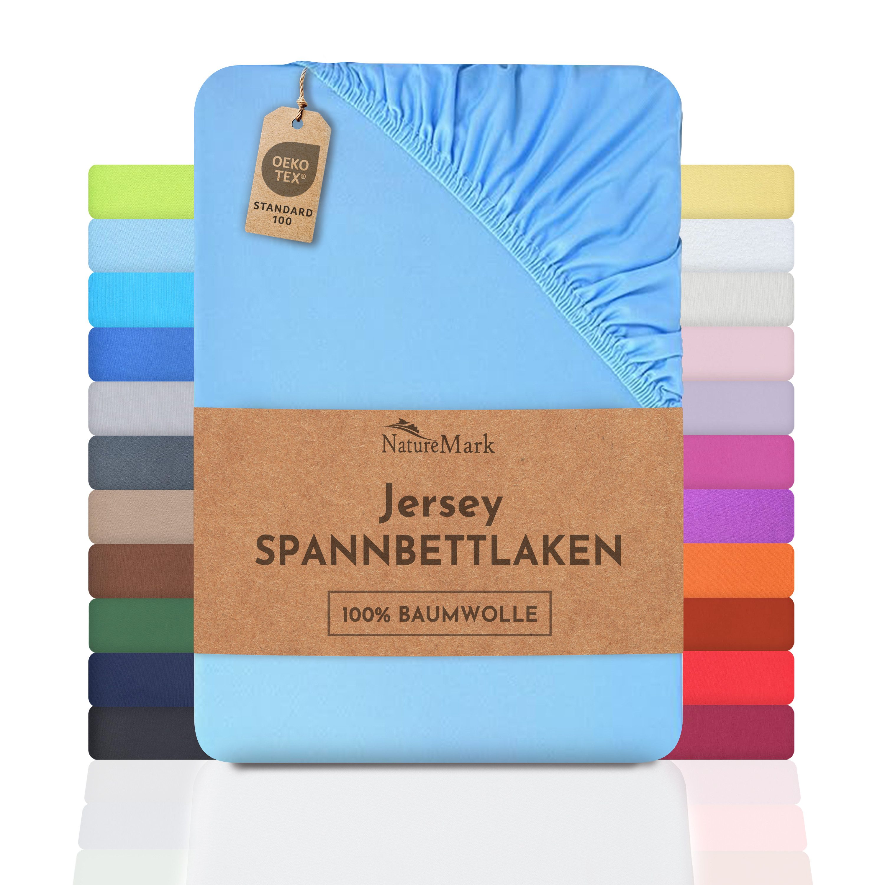 NatureMark Spannbettlaken Jersey Basic Spannbetttuch, 100% Baumwolle, Gummizug: rundum, (1 Stück), in vielen Größen und Farben, bis 25cm Steghöhe, 90x200cm, Hell blau