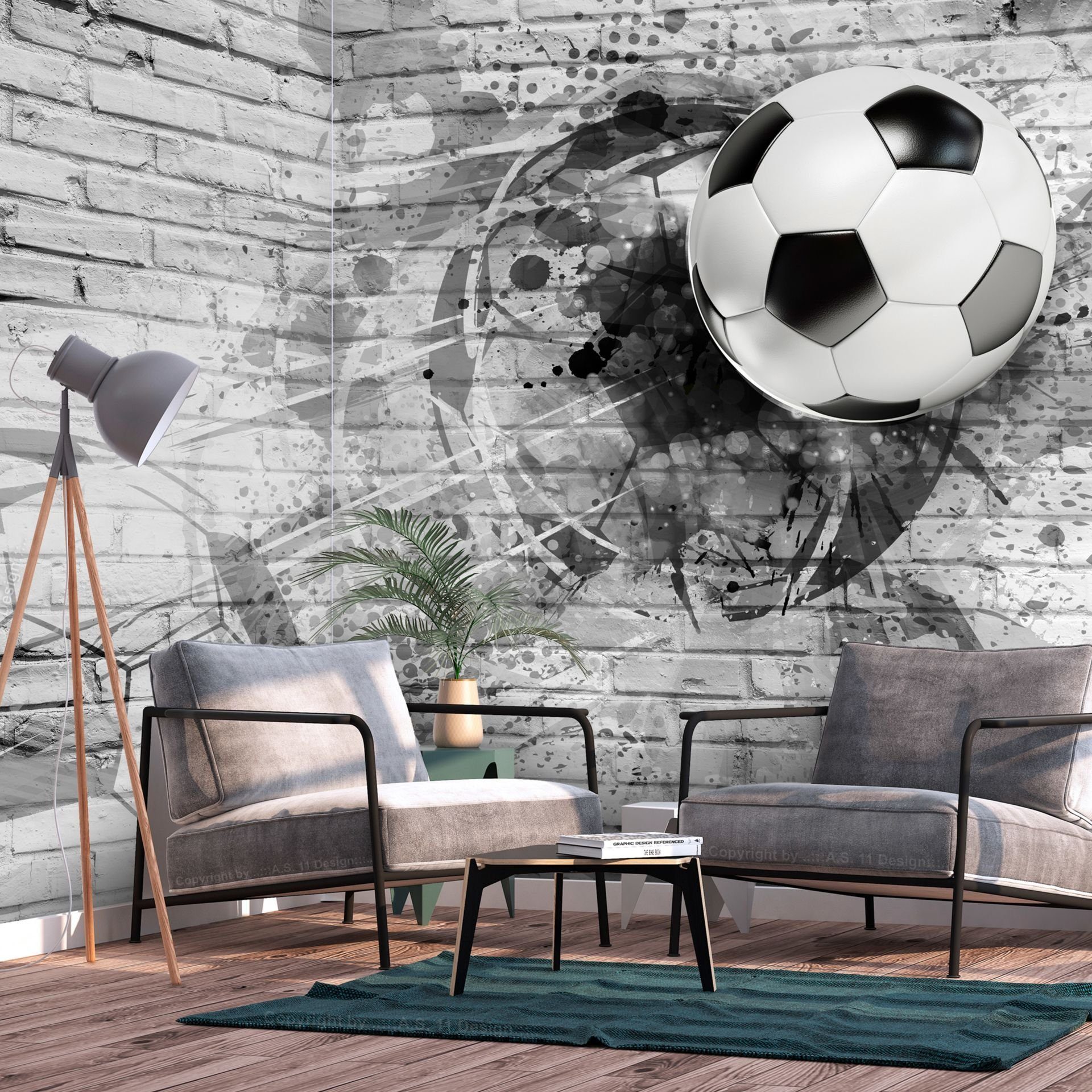 KUNSTLOFT Vliestapete Fußball Sport schwarz - weiß 0.98x0.7 m, halb-matt, matt, lichtbeständige Design Tapete