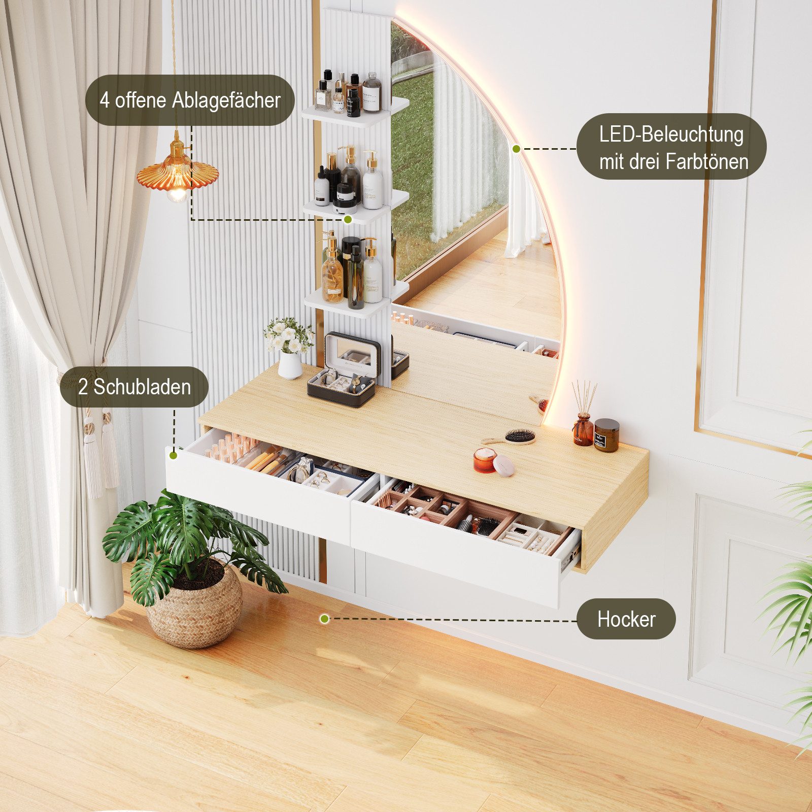 HOMALL Schminktisch Hängender Schminktisch mit LED-Beleuchtung (Maße: 106 × 40 × 143 cm, mit 3 offenen Ablagefächern, 2 Schubladen und drei einstellbaren Farbte – Bild 4 von 5