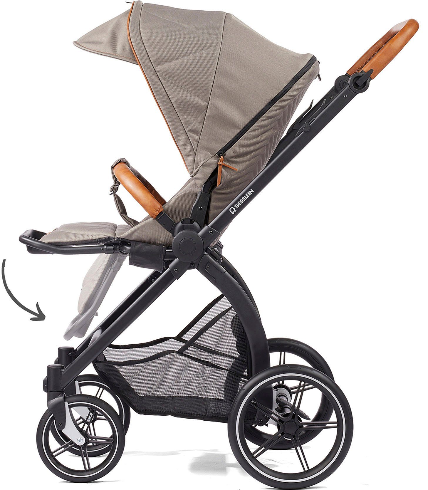 Style, Kombi-Kinderwagen Babyschalenadapter C3 mit schwarz/cognac, Soft+ Aufsatz Babywanne und Gesslein FX4 mit