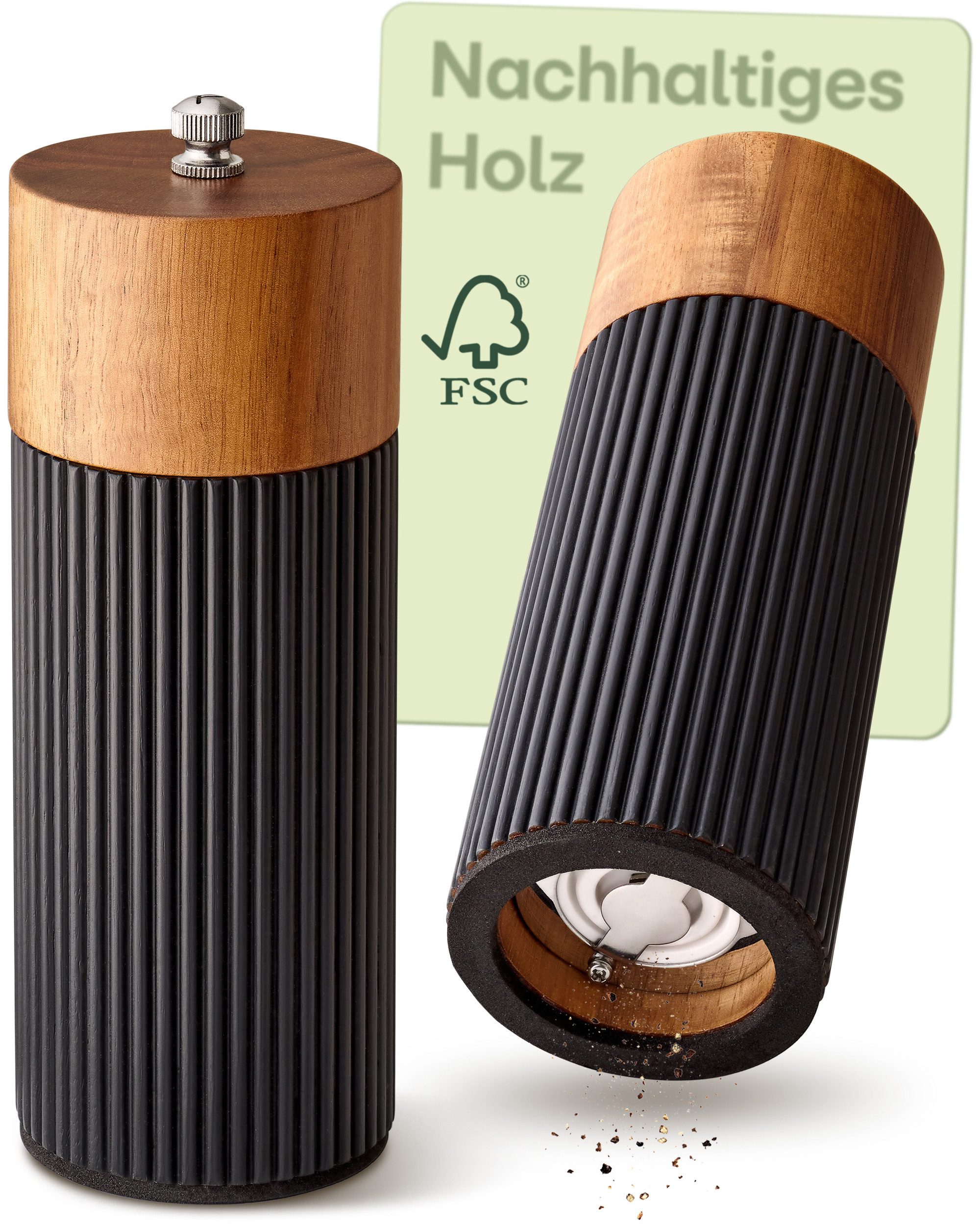 Praknu Salz- / Pfefferstreuer Salz & Pfeffermühle Set Akazien Holz – Edles Design & Keramikmahlwerk, (2er Set, 2-tlg), FSC-zertifiziert, Keramikmahlwerk, Stufenlos einstellbar, Langlebig