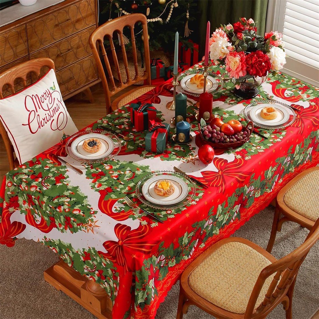 180 rechteckige DAYUT Weihnachtliche 150 Tischdecke (1-tlg) Weihnachtstischdecke, x cm rote