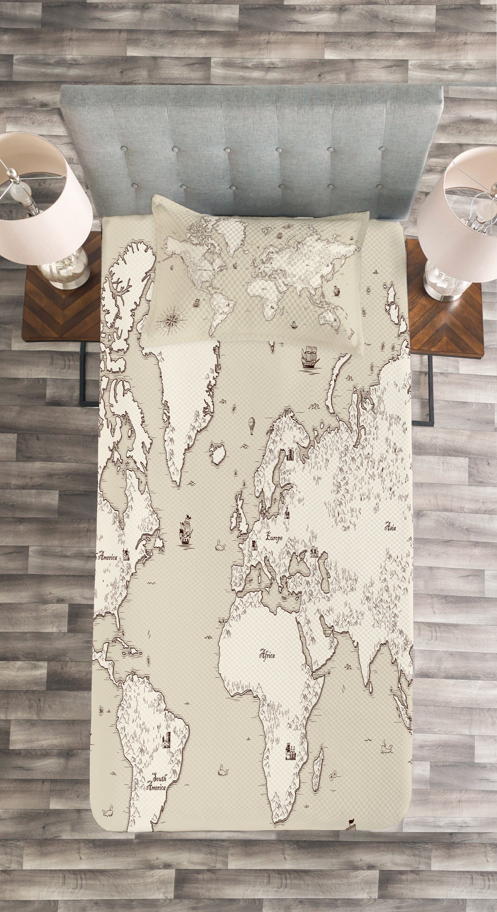 Karte Abakuhaus, World Mapping Tagesdecke Set Waschbar, Kissenbezügen mit Atlantik