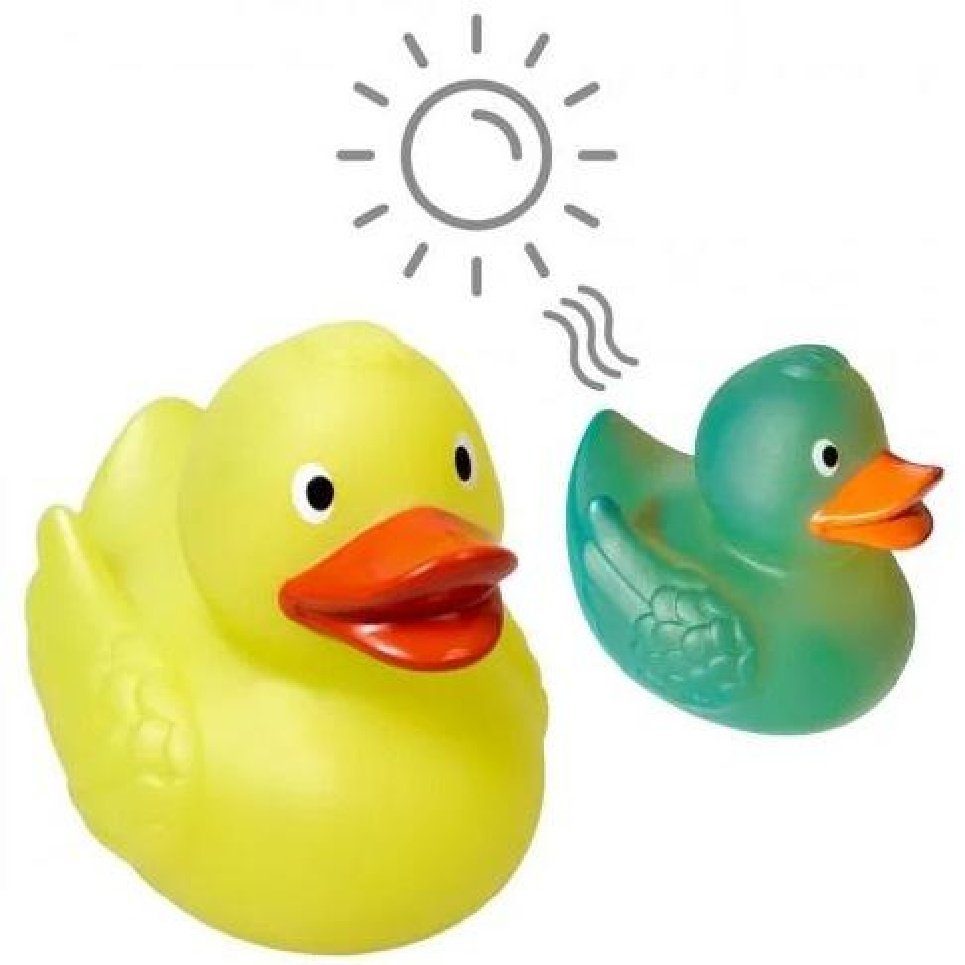 Quietscheente UV-Farbwechsel zu - gelb grün mit Magic Duck Schnabels Badeente Badespielzeug