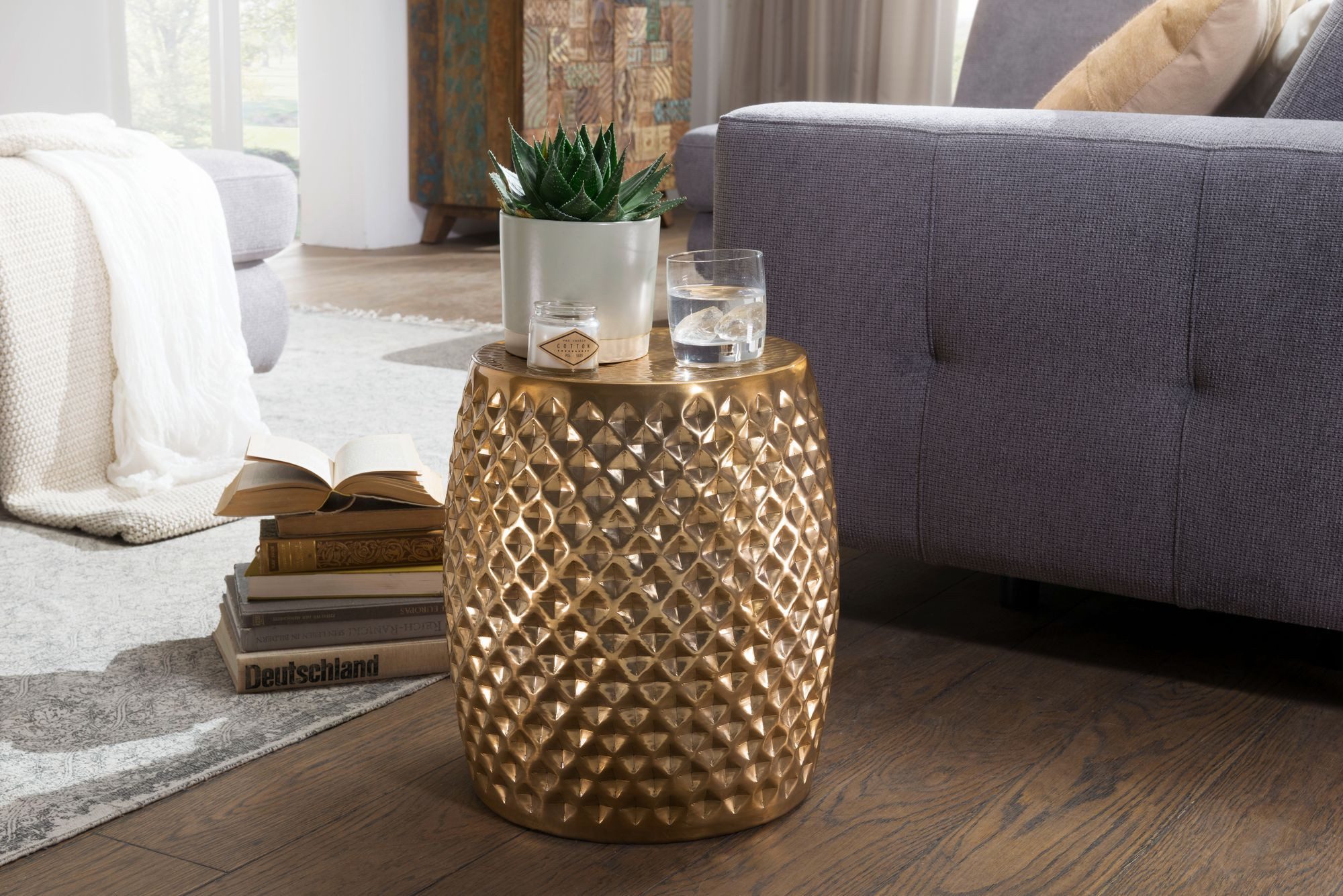 FINEBUY Beistelltisch SuVa12221_1 Wohnzimmertisch Alu Tisch Ablagetisch Couchtisch (Sofatisch Orientalisch, Kleiner Wohnzimmertisch), 32x42x32 cm Aluminium Hammerschlag Gold Rund