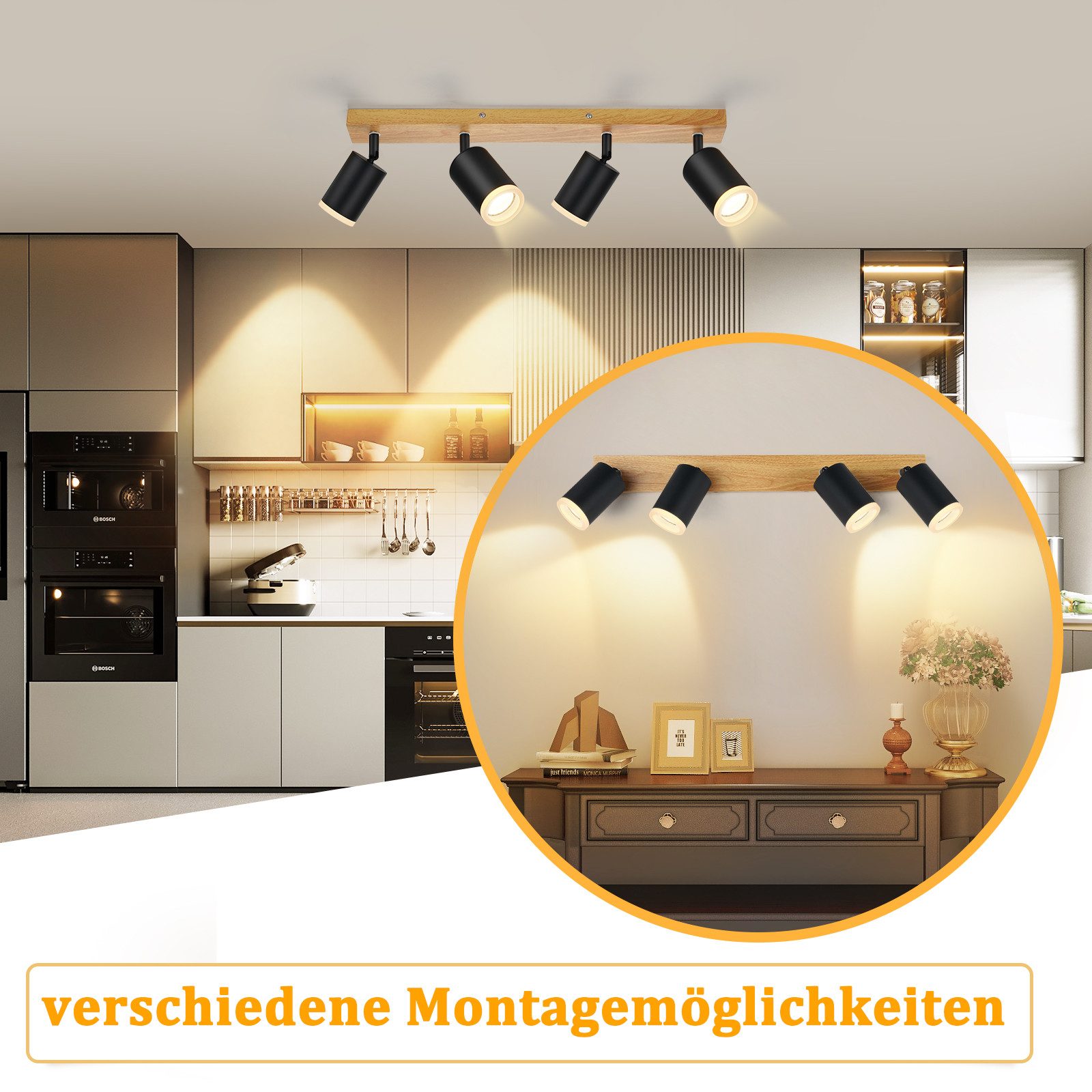 ZMH LED Deckenstrahler 2/3/4 Flammig GU10 Holz-Acryl Deckenleuchte 350° Drehbar Wohnzimmer, Einfache Installation, ohne Leuchtmittel
