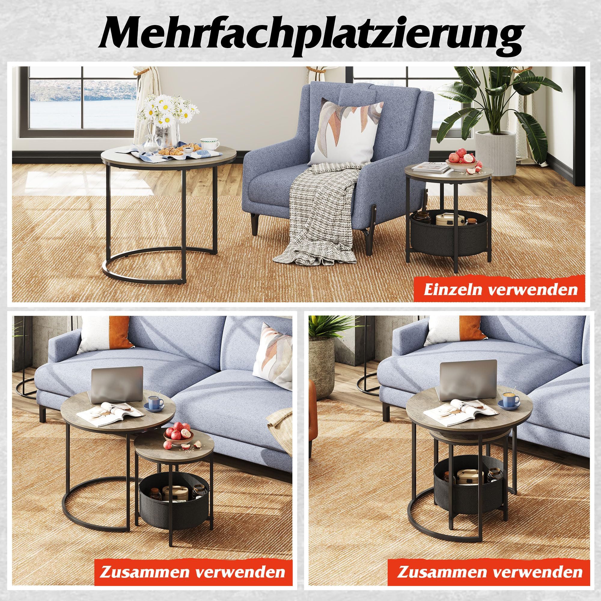 WLIVE Couchtisch Couchtisch 2er‑Satztisch rund mit Stauraum, (Beistelltisch mit Stoffkorb & Metallgestell, Holzoptik, 2er Set), 2 in 1 Verschachtelung – Bild 5 von 5
