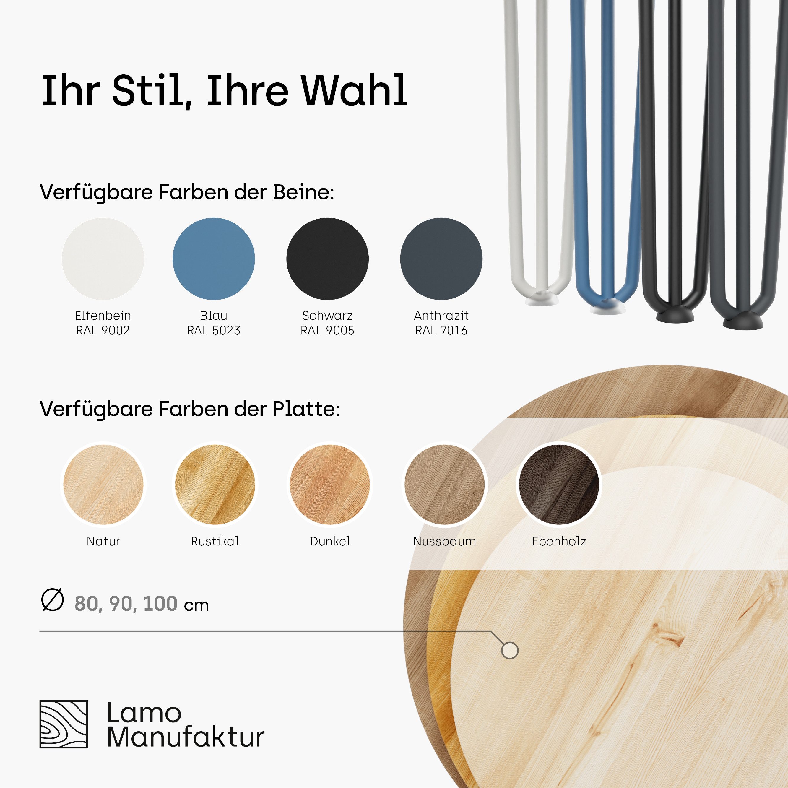 LAMO Manufaktur Esstisch Tisch rund 80 cm Stärke: 28mm, Farbe: Rustikal, Beine: Blau (1 Tisch), Holztisch rund, Esstisch für 2 Personen Runder Tisch für Küche