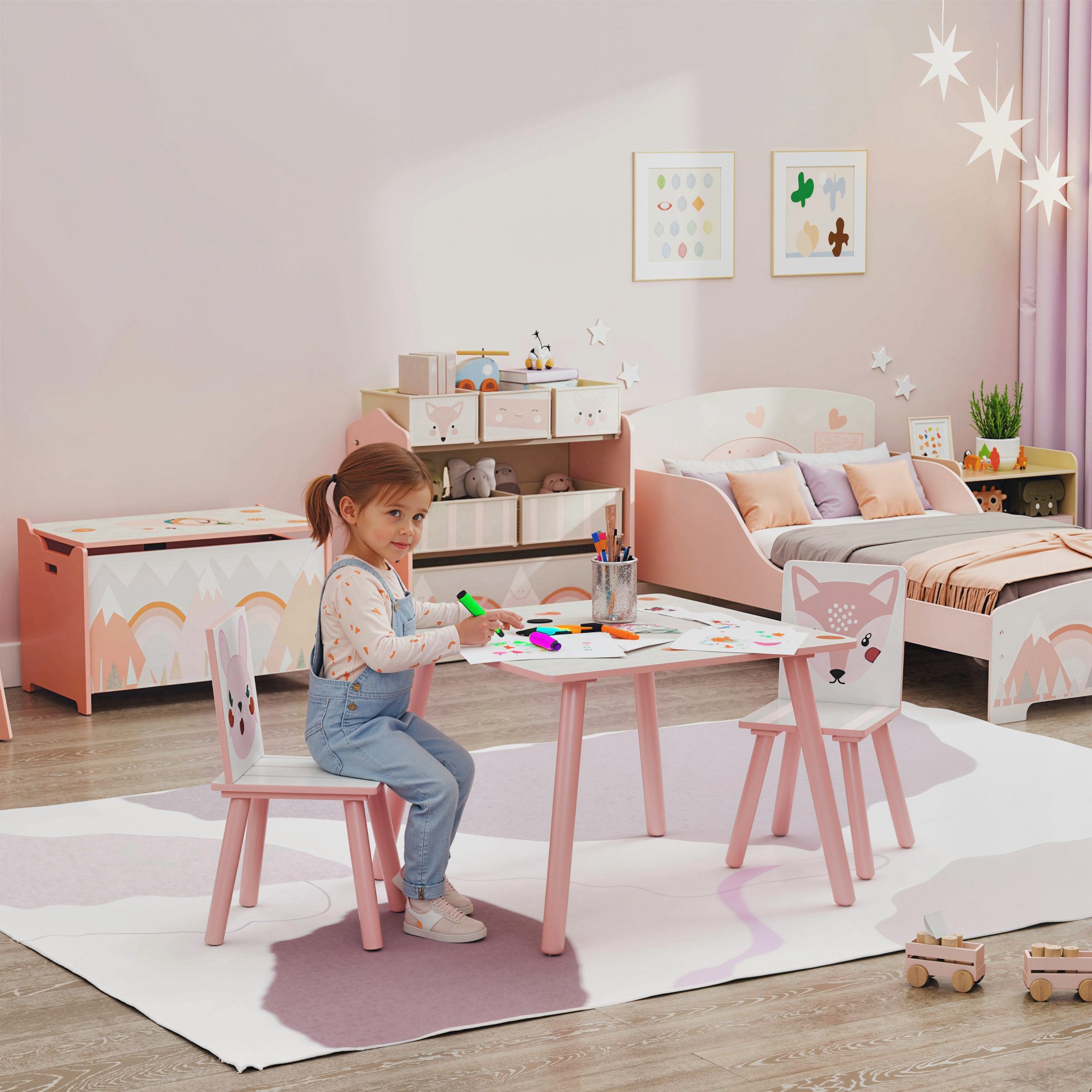 ZONEKIZ Kindersitzgruppe Kindertisch mit Tiermotiv, Kindermöbel für Kinderzimmer, (Kindermöbel, 3-tlg., Tische mit Stühlen für Kinder), mit Tiermustern, Rosa – Bild 2 von 5