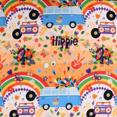 SCHÖNER LEBEN. Stoff Faschingsstoff Polyester Flower Power Hippies Bus Camper bunt 1,5m