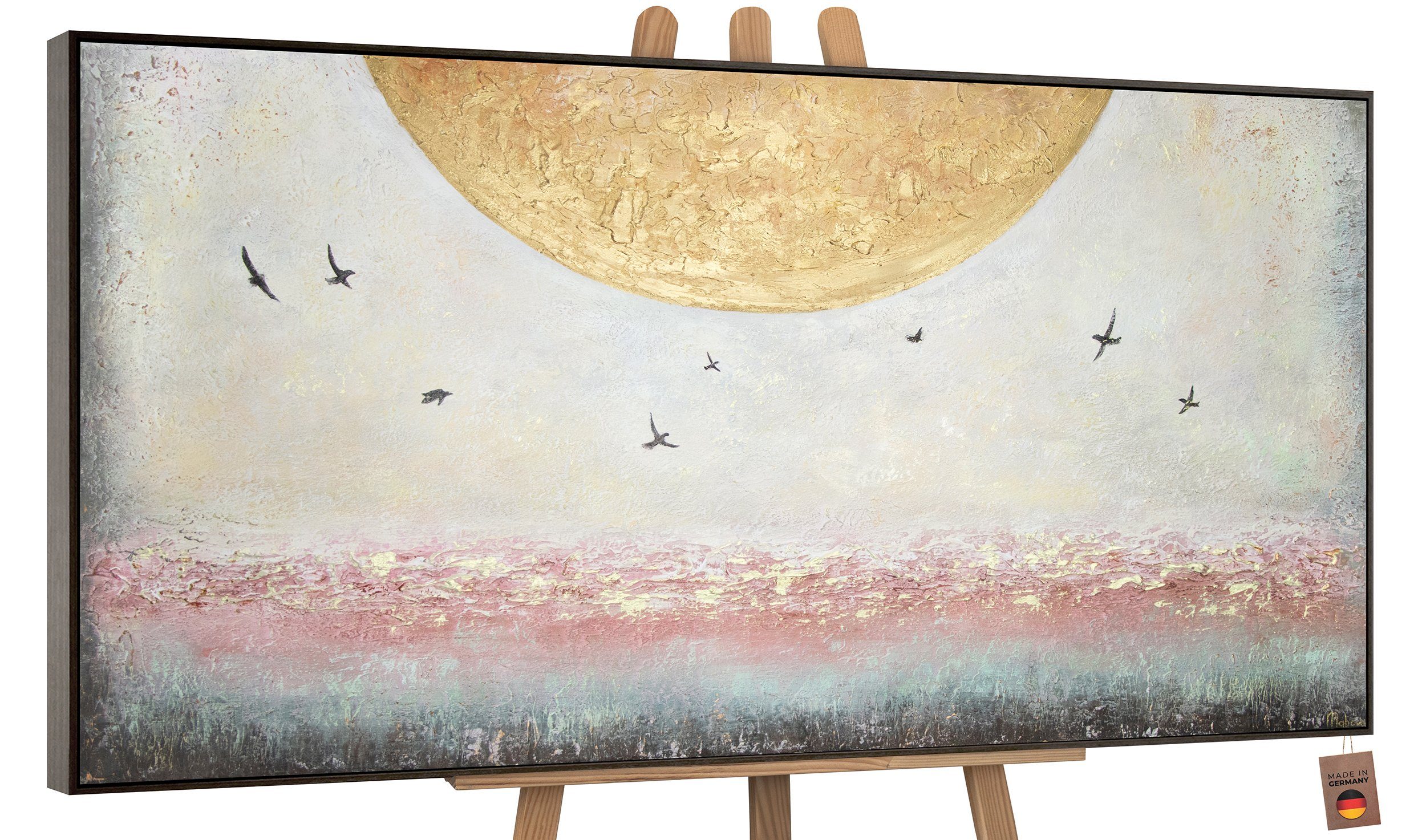 YS-Art Gemälde Handgemalt Vögel Grau Sonne Rahmen Gold Mit Süden Leinwand Bild in Landschaft, Sonnenenergie