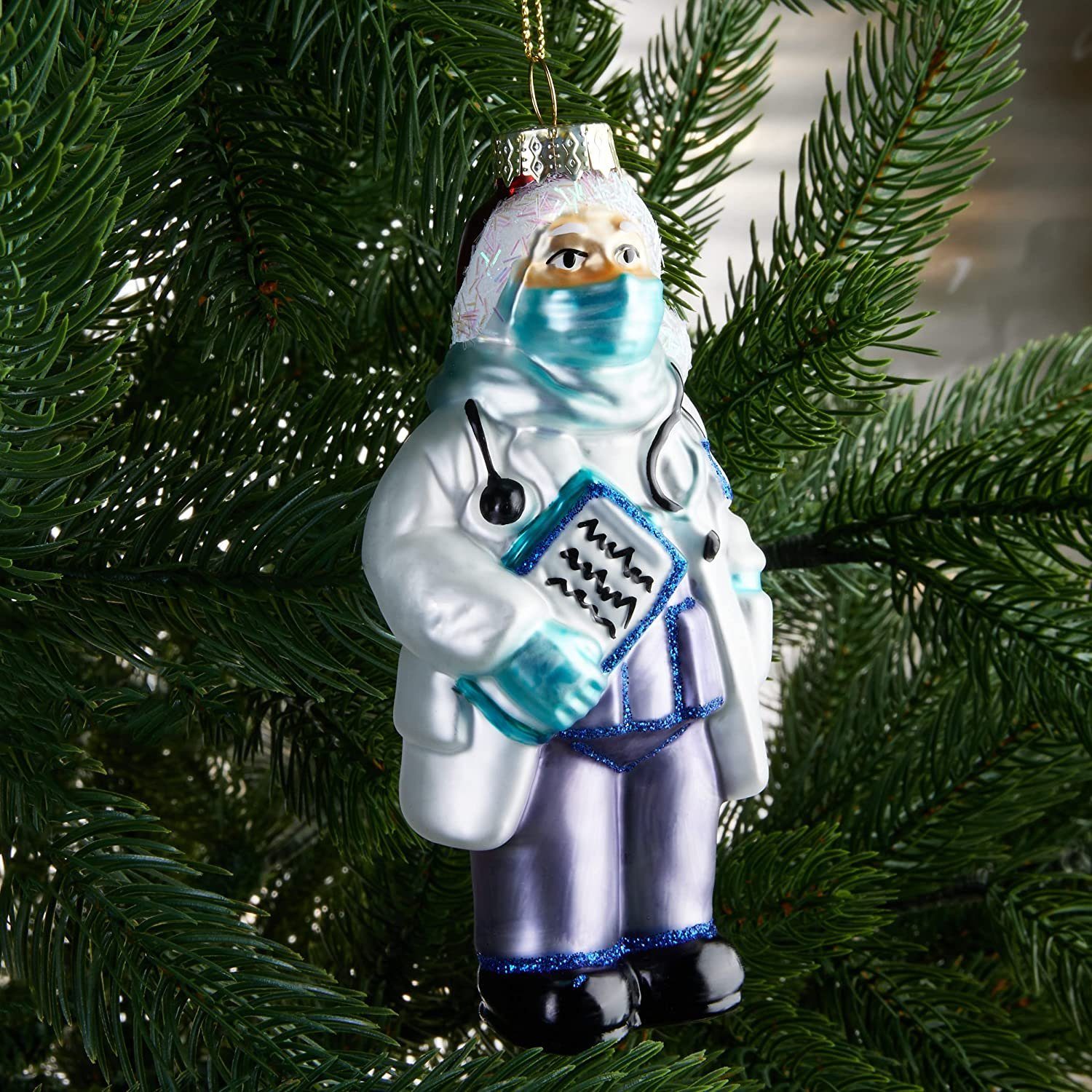 BRUBAKER Weihnachtsbaumkugel Dr. Weihnachtsmann Weihnachtskugel Glas - Arzt Doktor mit Mundschutz (1 St), Christbaumschmuck - Handbemalte Baumkugel Lustig