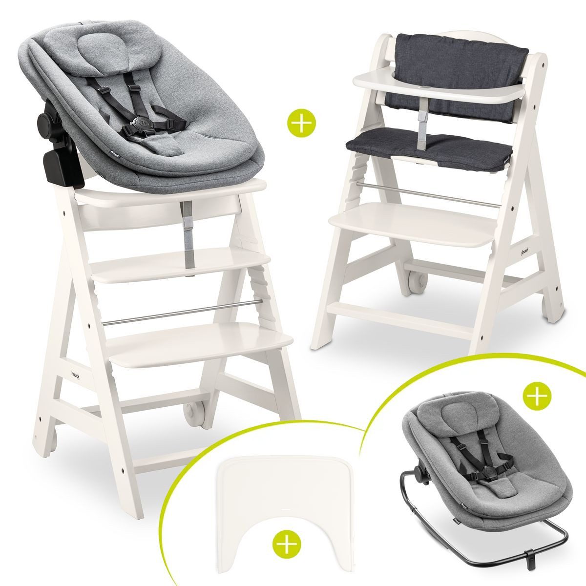 Hauck Hochstuhl Beta Plus White Newbornset 3in1 Bouncer (Set), Holz Babystuhl ab Geburt mit Neugeborenensufsatz, Sitzkissen, Essbrett