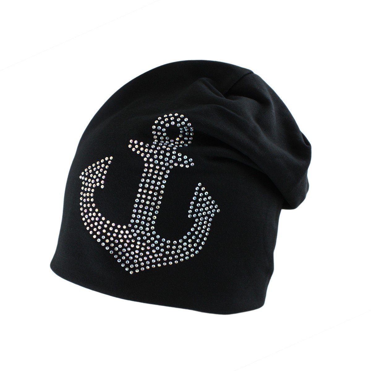 Sonia Originelli Beanie Beanie Mütze mit Strass Anker und Fleece Futter Anker schwarz