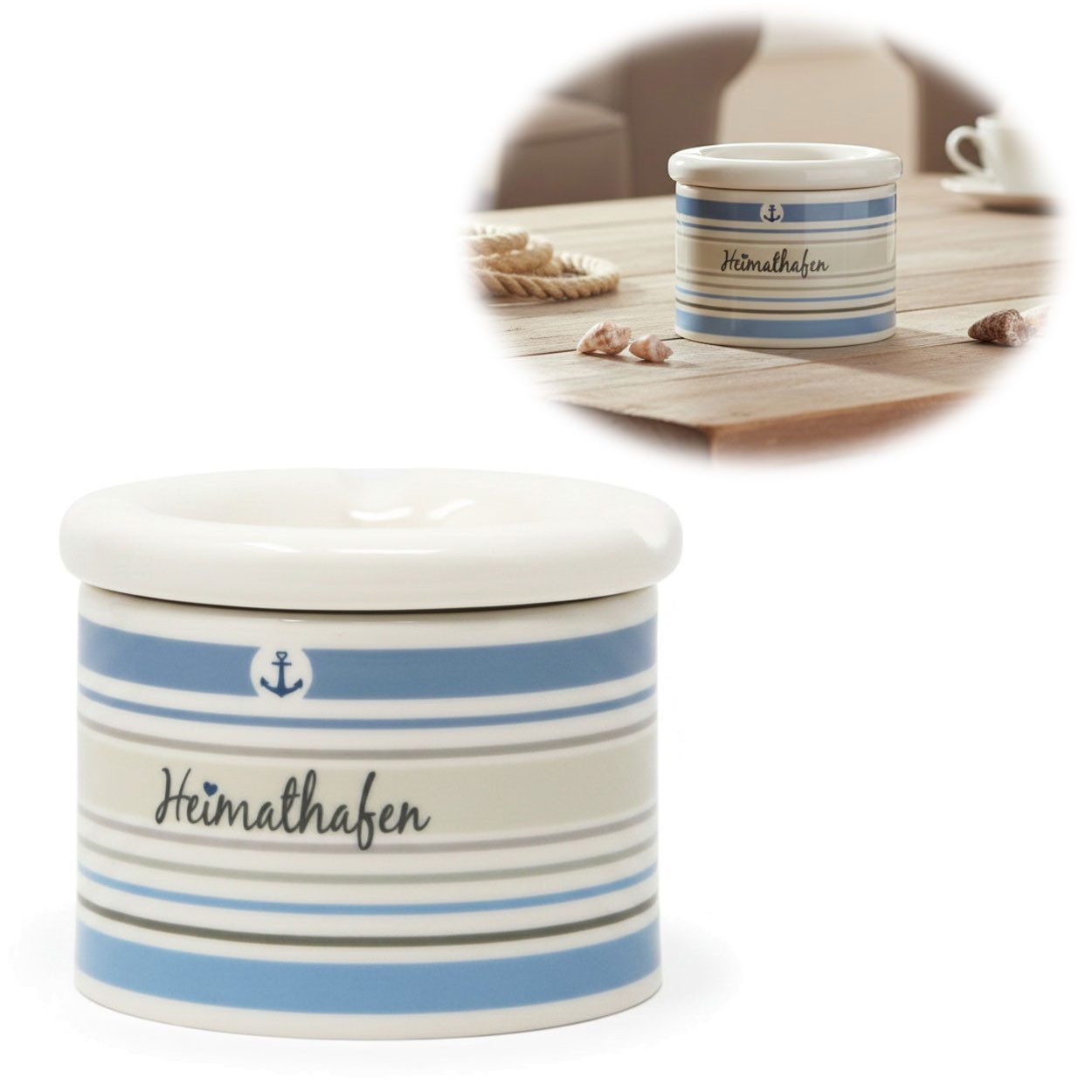 LS-LebenStil Aschenbecher Sturmaschenbecher Heimathafen 10x7,5cm Maritim Weiß Blau mit Deckel, Windaschenbecher Ashtray Tischaschenbecher Garten Balkon Deko