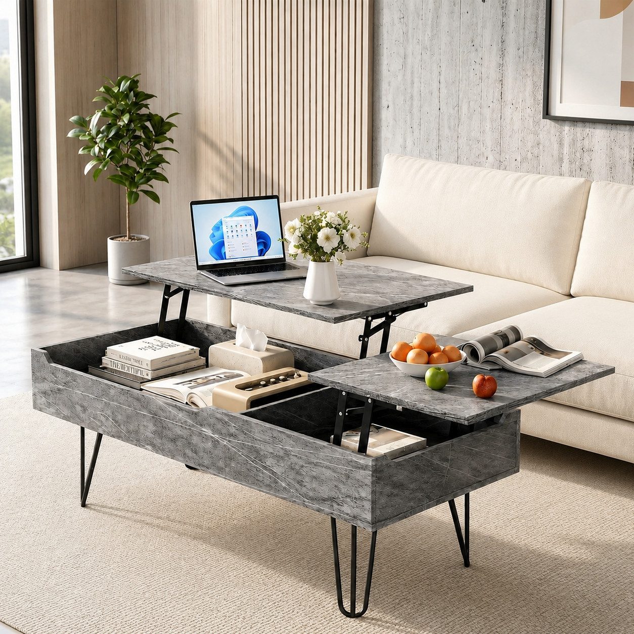 Gunuss Couchtisch höhenverstellbarer Wohnzimmertisch 100 *50*45cm Ablagefach Sofatisch (Kaffeetisch Ausziehbare Tischplatte, Auszug), Beistelltisch mit Doppelte Hubplatte