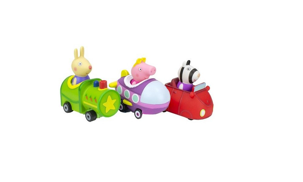 Jazwares Spielfigur Peppa Wutz und ihre Freunde Mini Flitzer, 3 verschiedene Motive, (Set mit, 3 Figuren), Buggys mit richtig rollenden Rädern