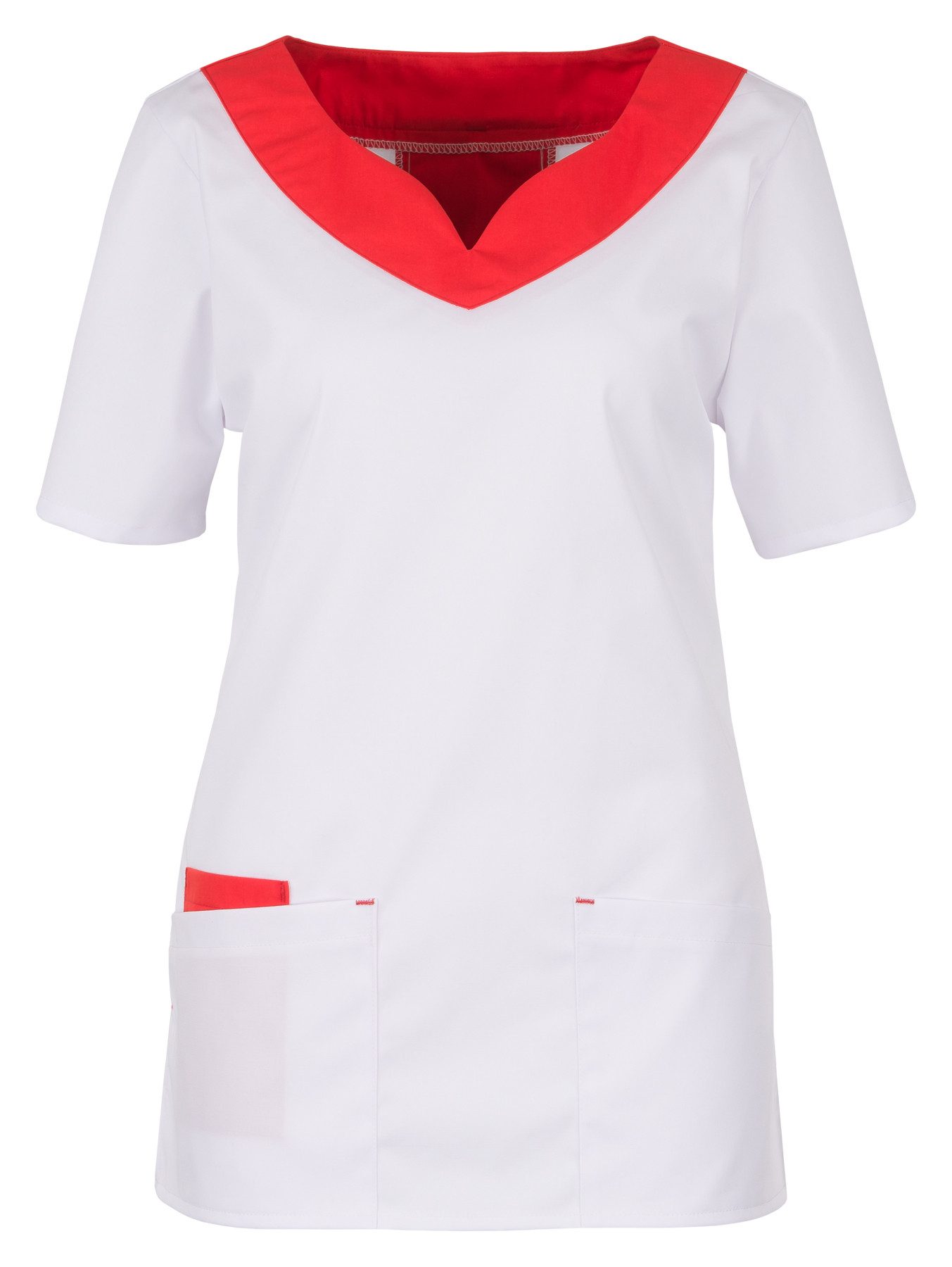 BEB Schlupfbluse beb MEDIZIN/PFLEGE Damen KASACK Kurzarm V-Neck Stretch Weiß/Rot