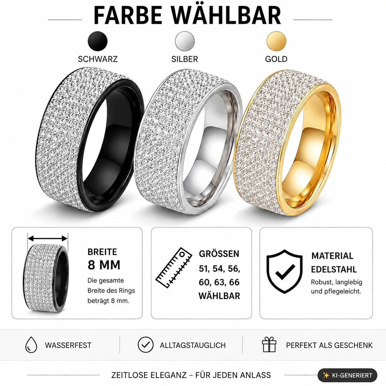Taffstyle Fingerring Kristallring Edelstahlring Glitzerring Fingerring Ring mit Kristallen (Funkelnder Kristallring – ideale Geschenkidee zum Geburtstag, Valent – Bild 3 von 5