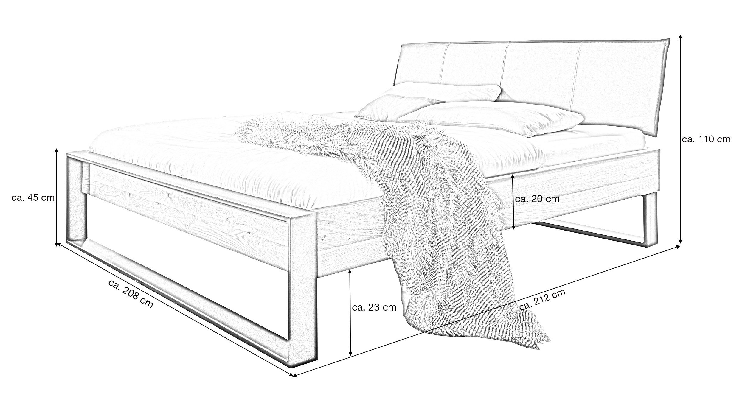 Massivart® Massivholzbett ELENORA / 140, 180, 200 cm / Massivholz / Eiche geölt, Kopfteil Lederlook grau / Standbeine U-Form Metall schwarz