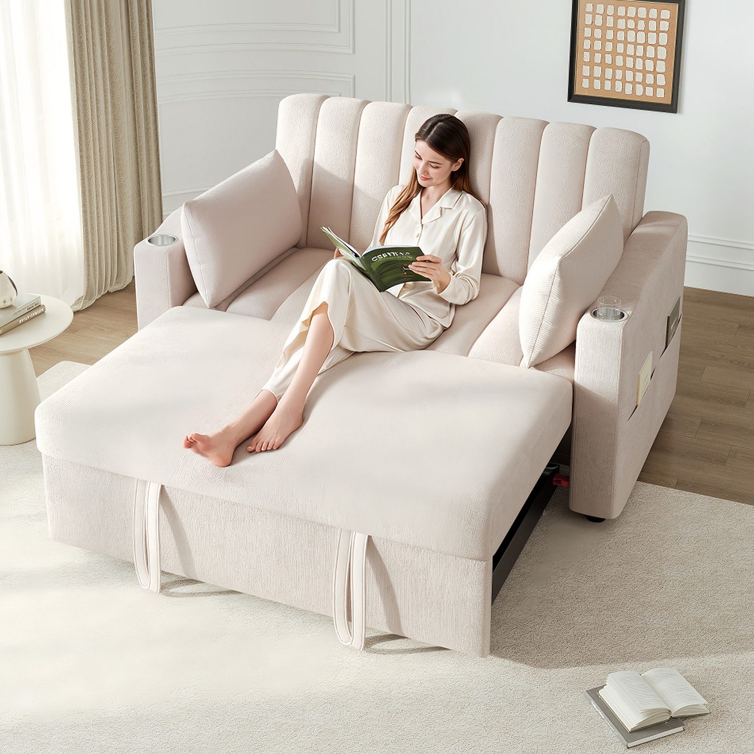 ANYSUN Schlafsofa modernes Doppel-Klappschlafsofa Bettsofa mit Schlaffunktion Sofa, Multifunktionssofa,Doppelsofa mit verstellbarer Rückenlehne, Getränkehalter und Kissen,geeignet für Wohnzimmer,Schlafzimmer,Wohnung
