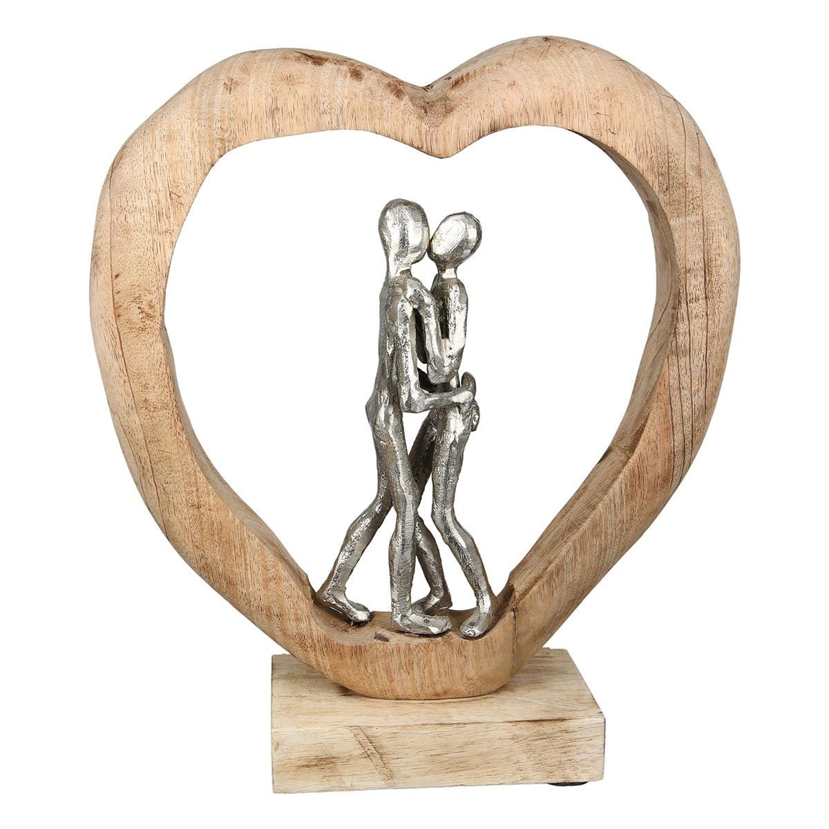 Dekoobjekt Handgefertigte Skulptur First Kiss aus Mangoholz und Aluminium, Herzfo