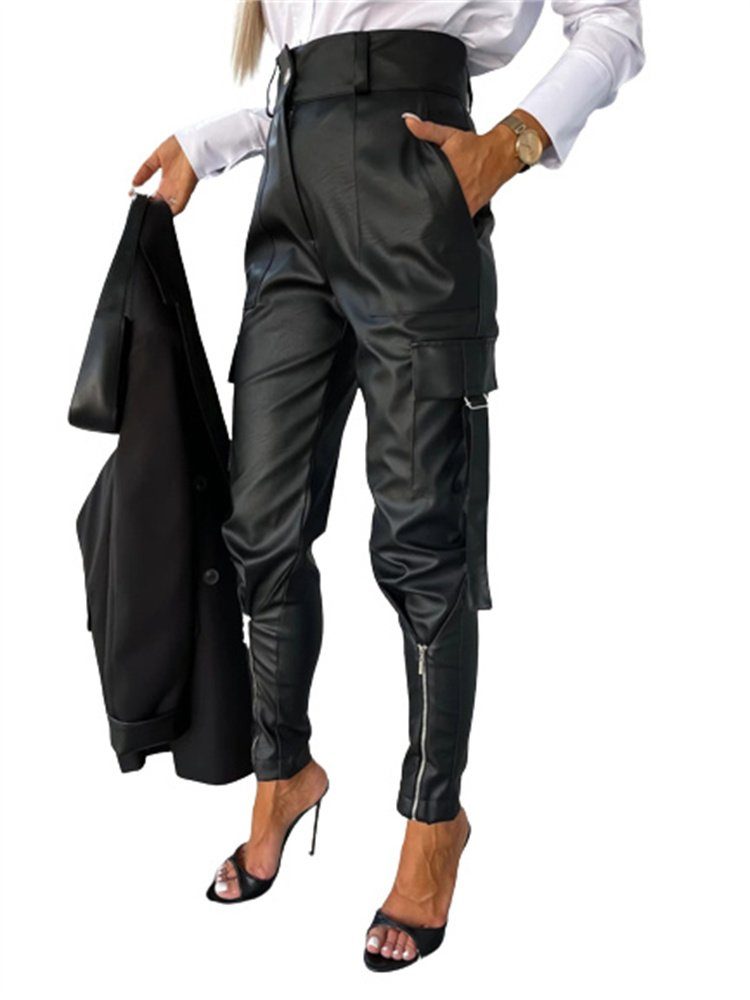 L.Ru UG Lederhose Lederhose mit mehreren Taschen und Reißverschlussknöpfen  (1-tlg) Modische Slim-Fit-Hose aus PU-Leder mit Taillenbetonung und Taschen