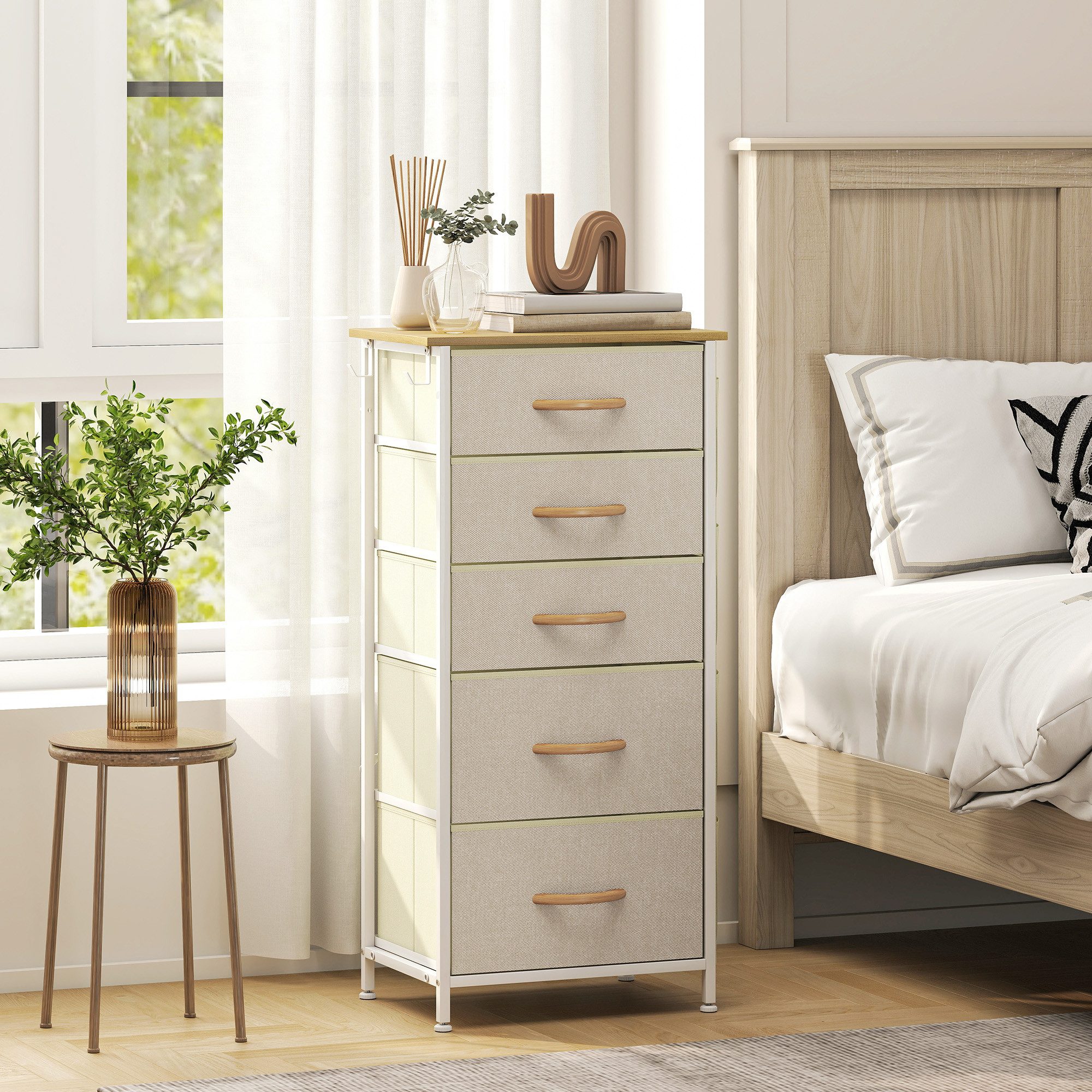 HOMCOM Kommode Aufbewahrungsschrank mit Haken, Stahlrahmen, Sideboard (Schrank, 1 St., Schubladenschrank), Kippsicherung, verstellbare Füße, mit Taschen