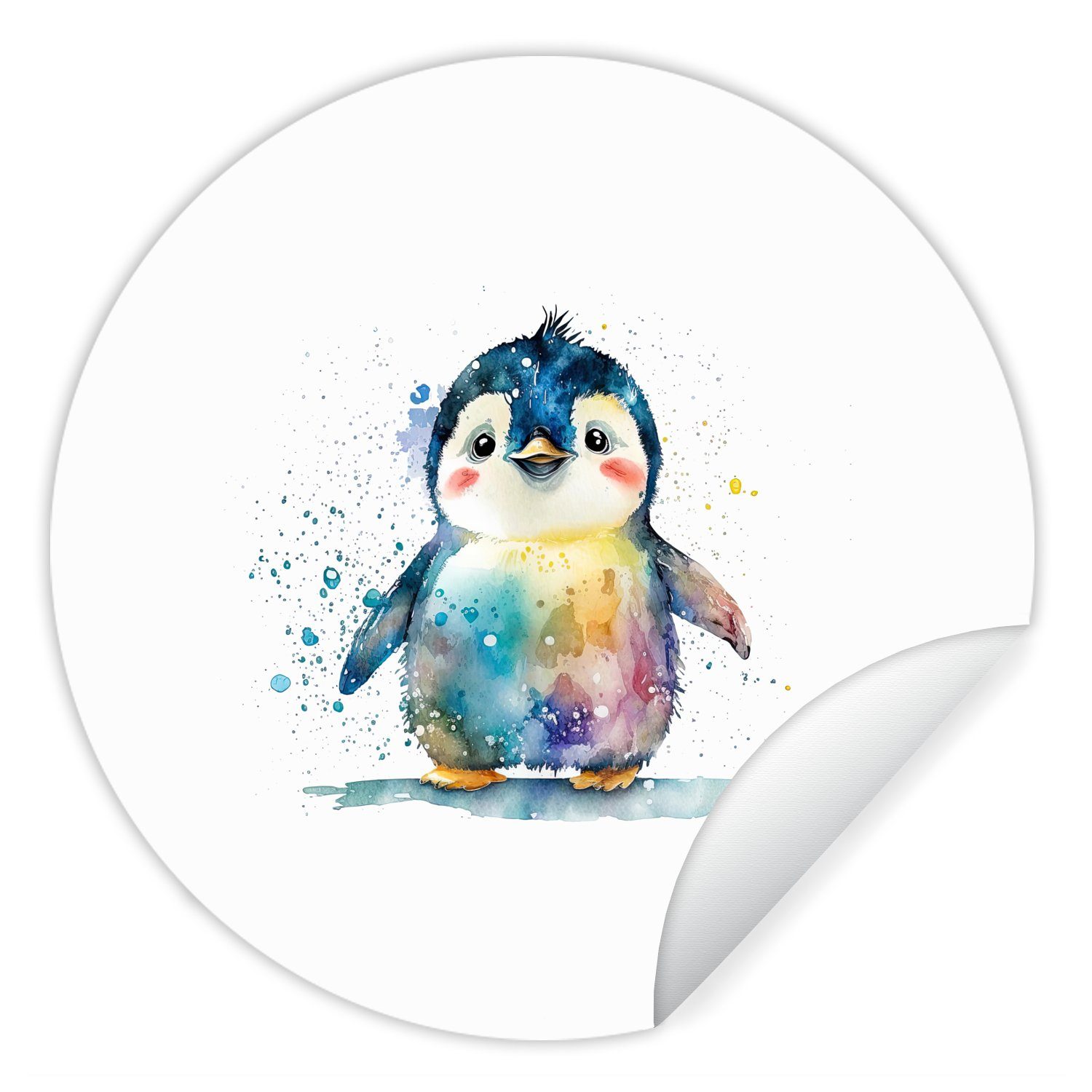 MuchoWow Wandsticker Pinguin - Regenbogen - Aquarell - Tiere - Kinder (1 St), Tapetenkreis für Kinderzimmer, Tapetenaufkleber, Rund, Wohnzimmer | Wandtattoos