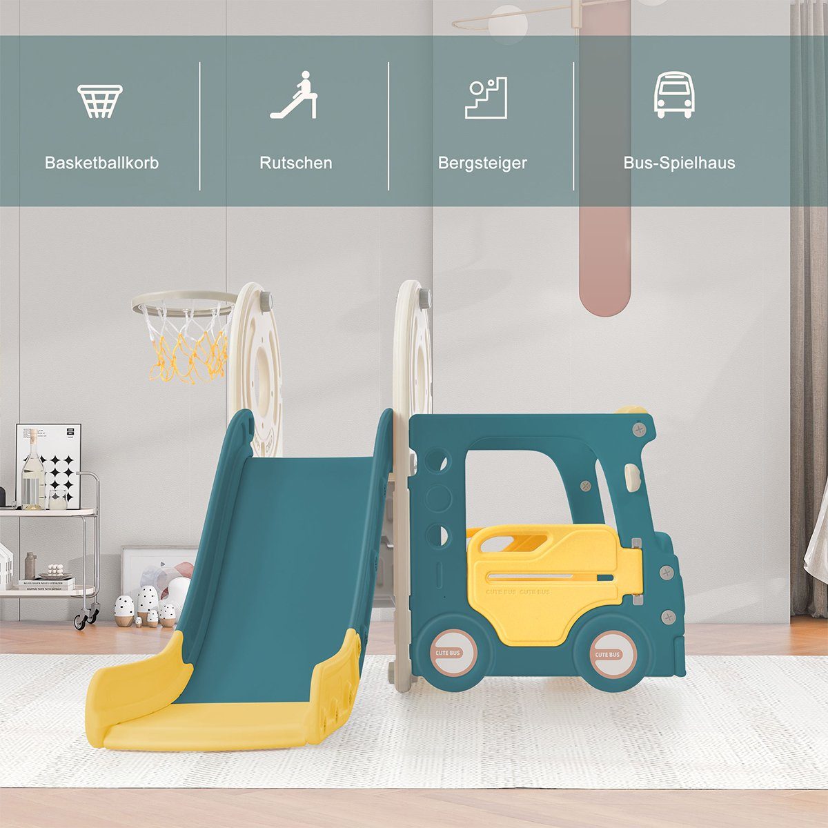 XDeer Rutsche 5 in 1 Kinderrutsche mit Bus Schaukel Rutsche Trittleiter, (4-tlg), Basketballkorb und passendem Basketball Kinderrutschen-Set
