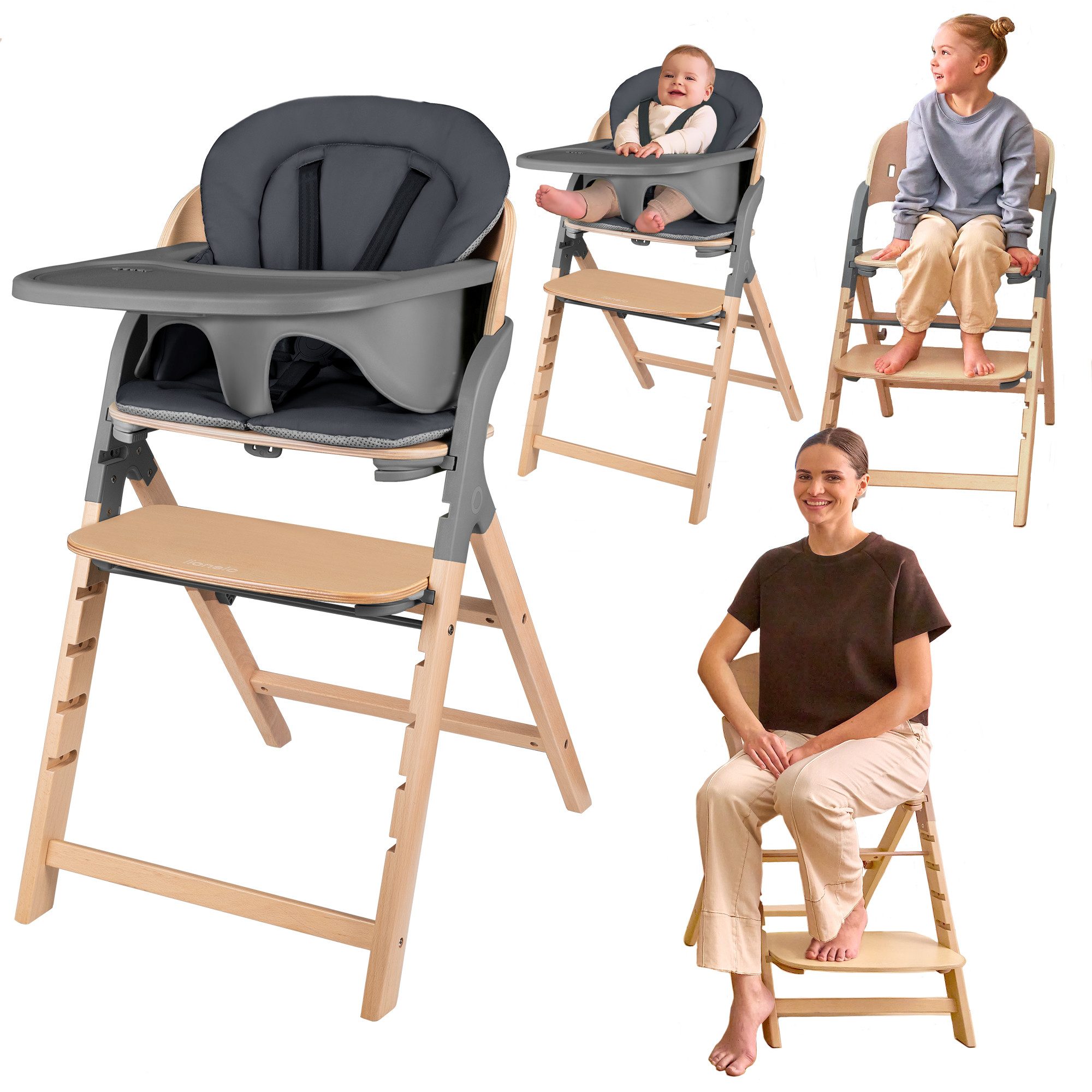 lionelo Hochstuhl MEGAN (Sitzkissen + Tablett), 3in1/mitwachsend/bis 110kg belastbar/werkzeuglos verstellbar