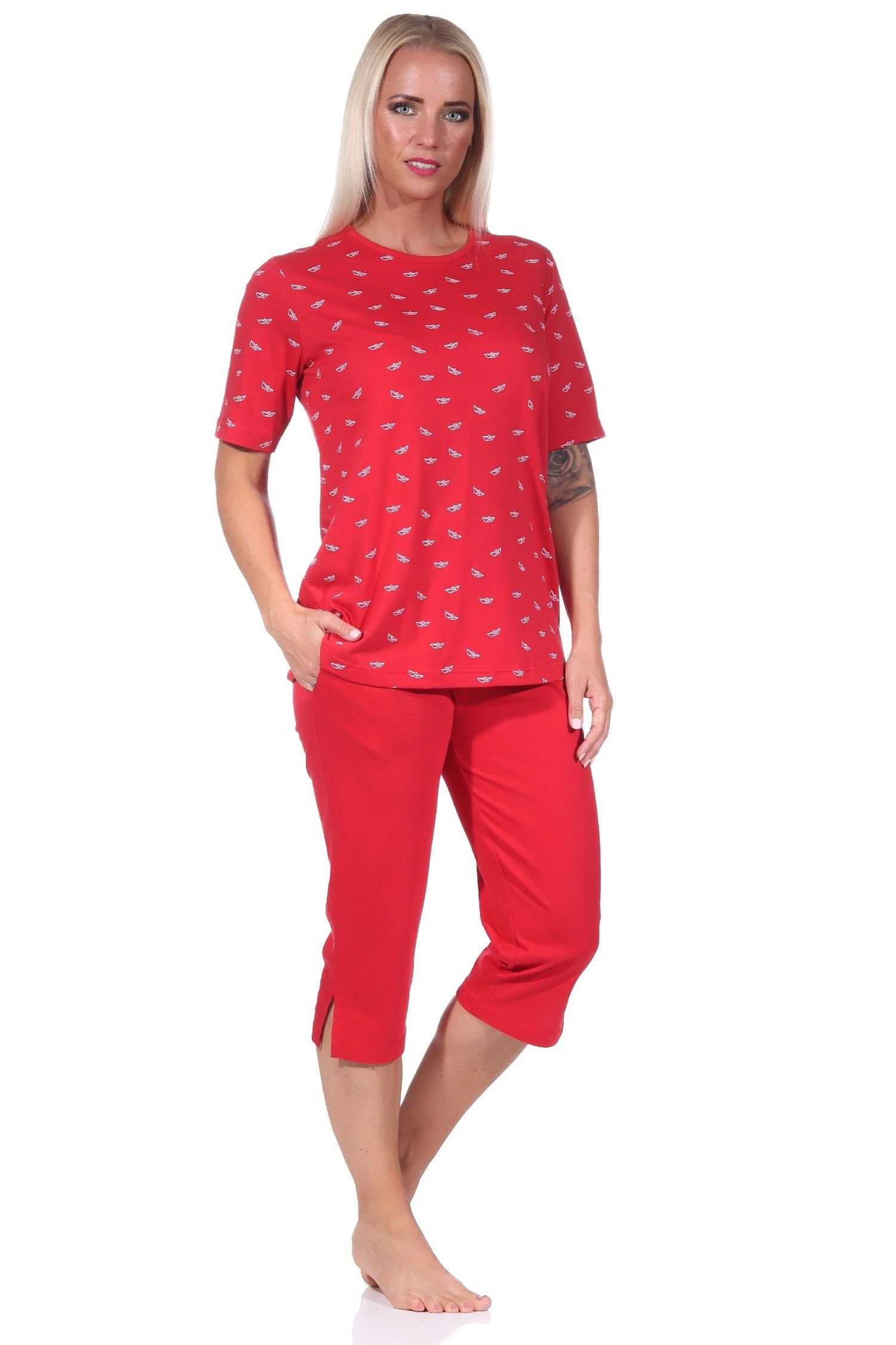 mit kurzarm maritimer Normann Pyjama Optik rot Schlafanzug in Damen Caprihose Pyjama