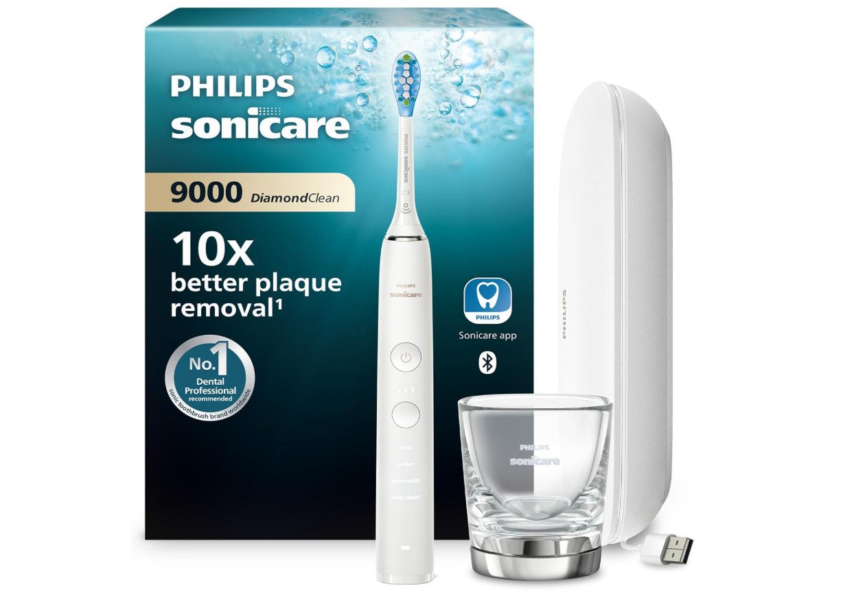Philips Elektrische Zahnbürste Sonicare DiamondClean 9000 HX9911/27, mit Ladeglas und USB Reiseetui, Schallzahnbürste mit App, Drucksensor, 4 Putzmodi
