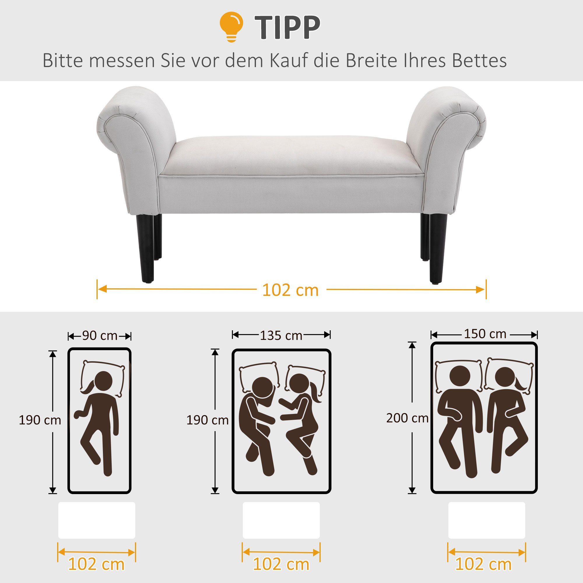 HOMCOM Polsterbank Sitzbank (Set, 1-St., Sitzottomane), grau | Sitzbank Bettbank grau Schlafzimmer Grau für Schaumstoff MDF