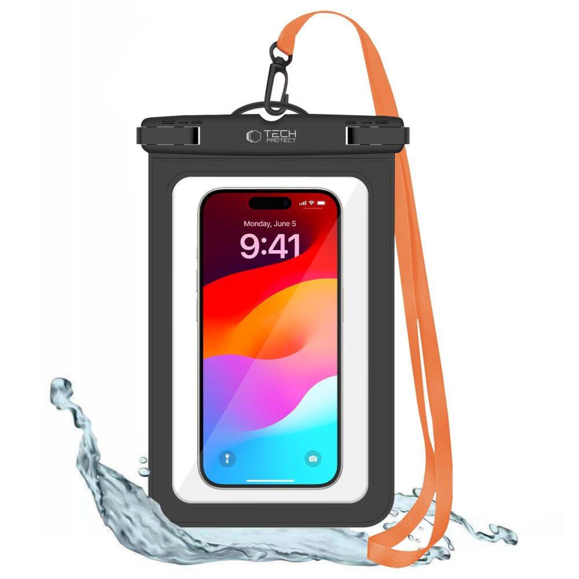 TECH PROTECT Handyhülle Universelle Wasserdichte Hülle in Orange-Schwarz mit Umhängeband