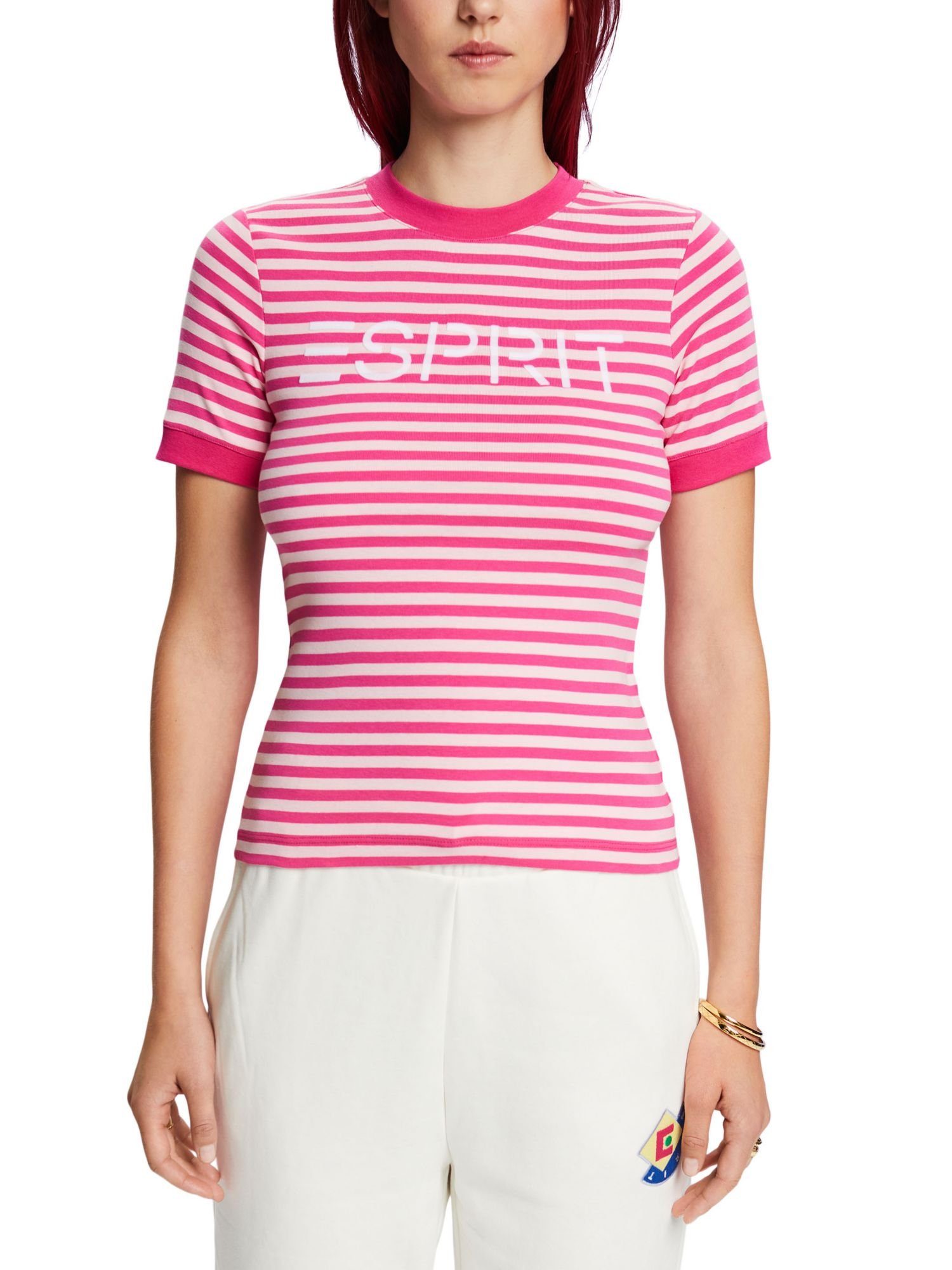 Gestreiftes (1-tlg) Baumwoll-T-Shirt FUCHSIA Logo-Print mit T-Shirt PINK Esprit