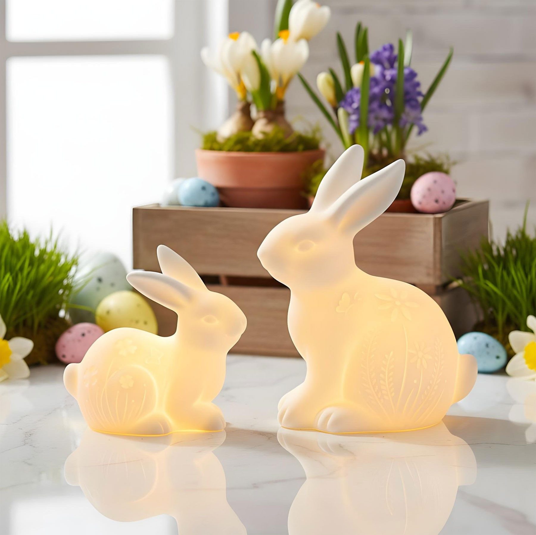 Levandeo® Osterfigur, 2er Set LED Hasen Porzellan Weiß Blumenwiese Osterhase Deko Ostern