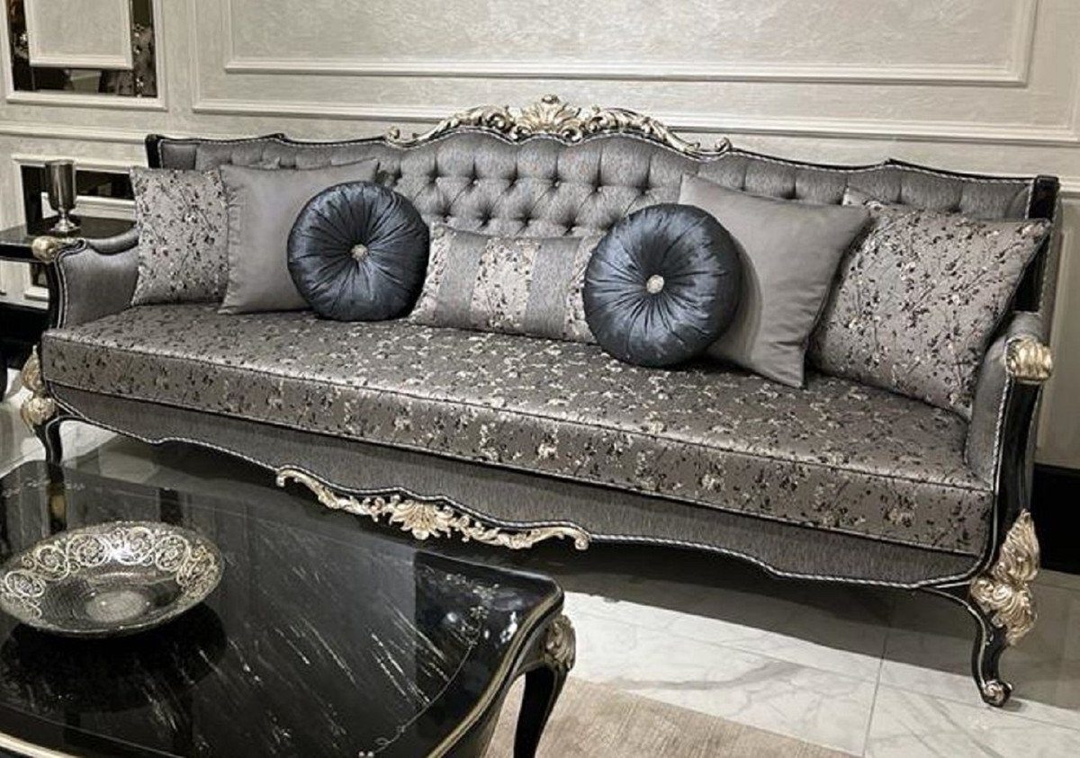Casa Padrino Sofa Luxus Barock Sofa Silber / Schwarz / Silber - Handgefertigtes Wohnzimmer Sofa mit elegantem Muster und dekorativen Kissen - Wohnzimmer Möbel im Barockstil
