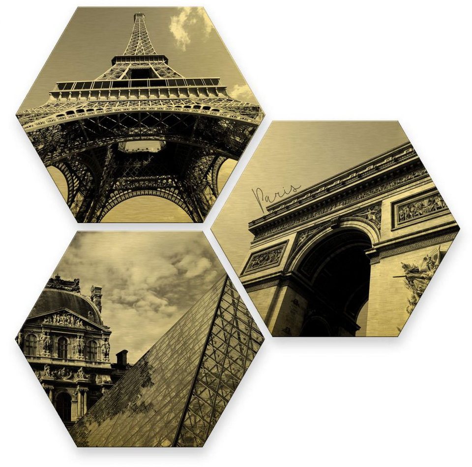 Wall-Art Mehrteilige Bilder Goldeffekt Paris Collage Stadt, (Set, 3 St)