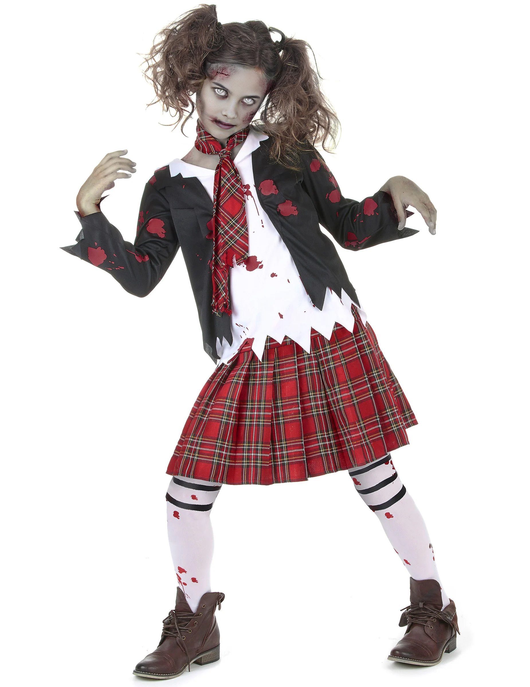 JADEO Zombie-Kostüm Zombie-Schülerin Halloween-Mädchenkostüm schwarz-weiss-rot