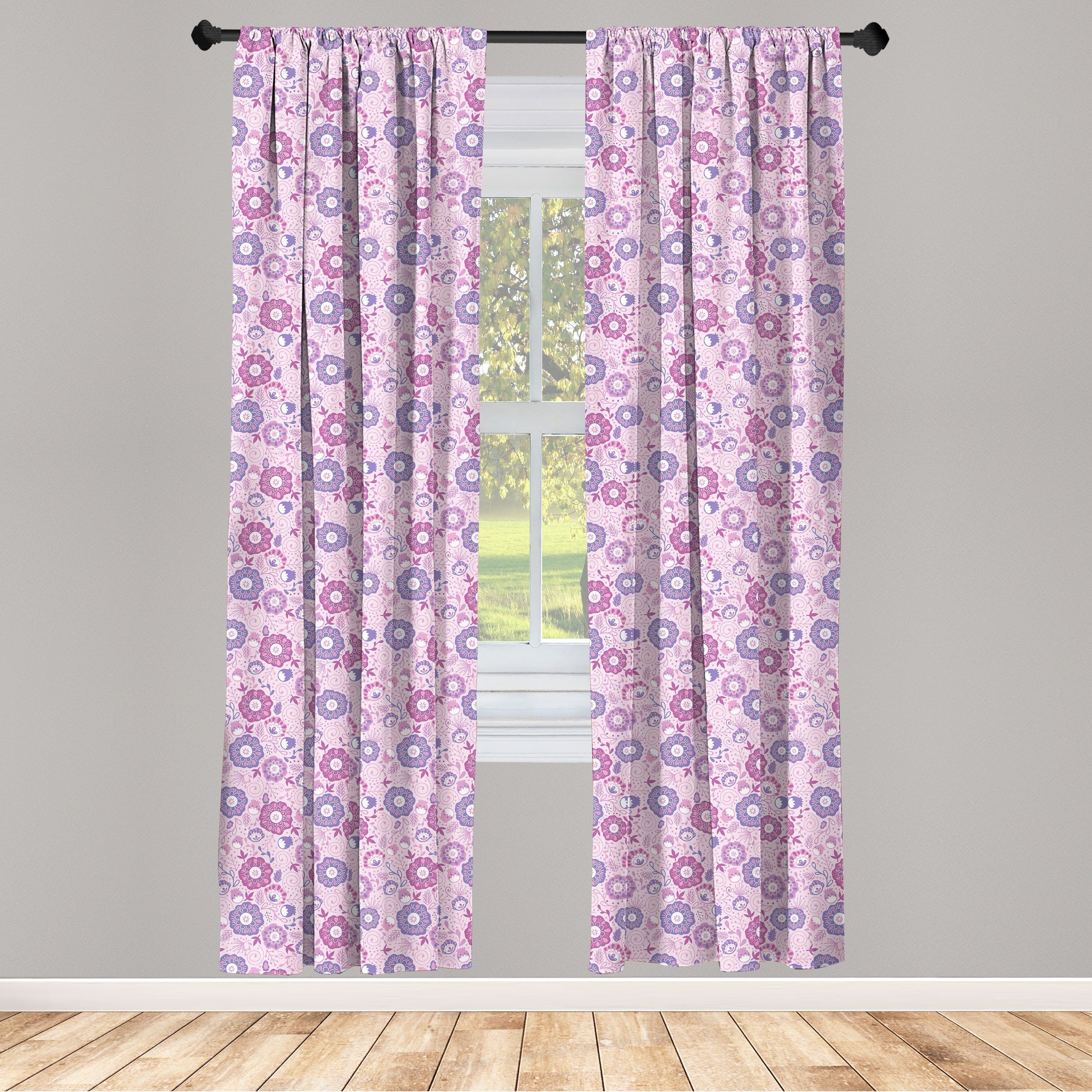 Gardine Vorhang für Wohnzimmer Schlafzimmer Dekor, Abakuhaus, Microfaser, Blumen Blütenblätter Motiv Retro
