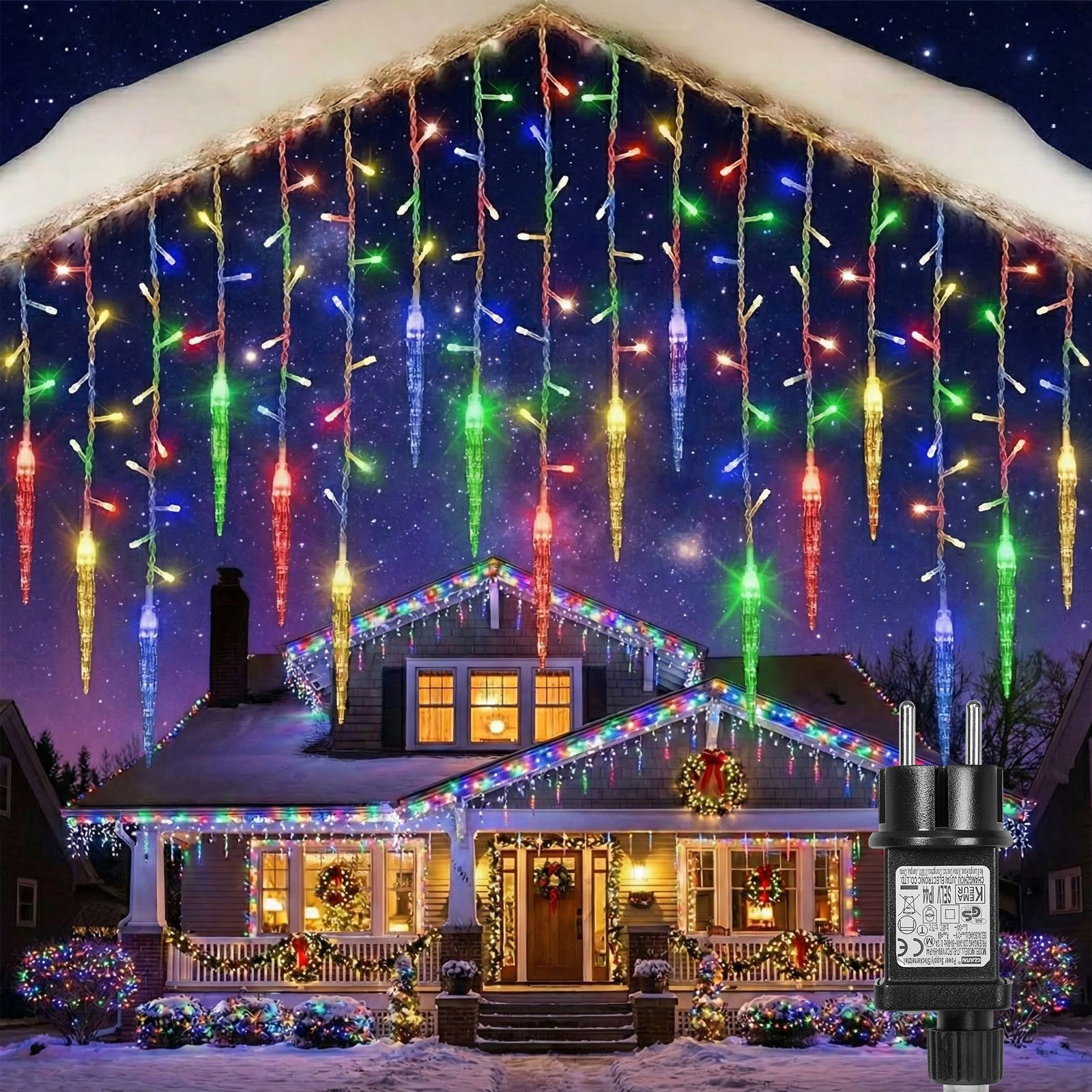SERBASIC Lichterkette LED Eisregen Lichtervorhang, Timer, 8 Modi, Anschließbar, 31V, Lichtervorhang für Weihnachten Außen Terrasse