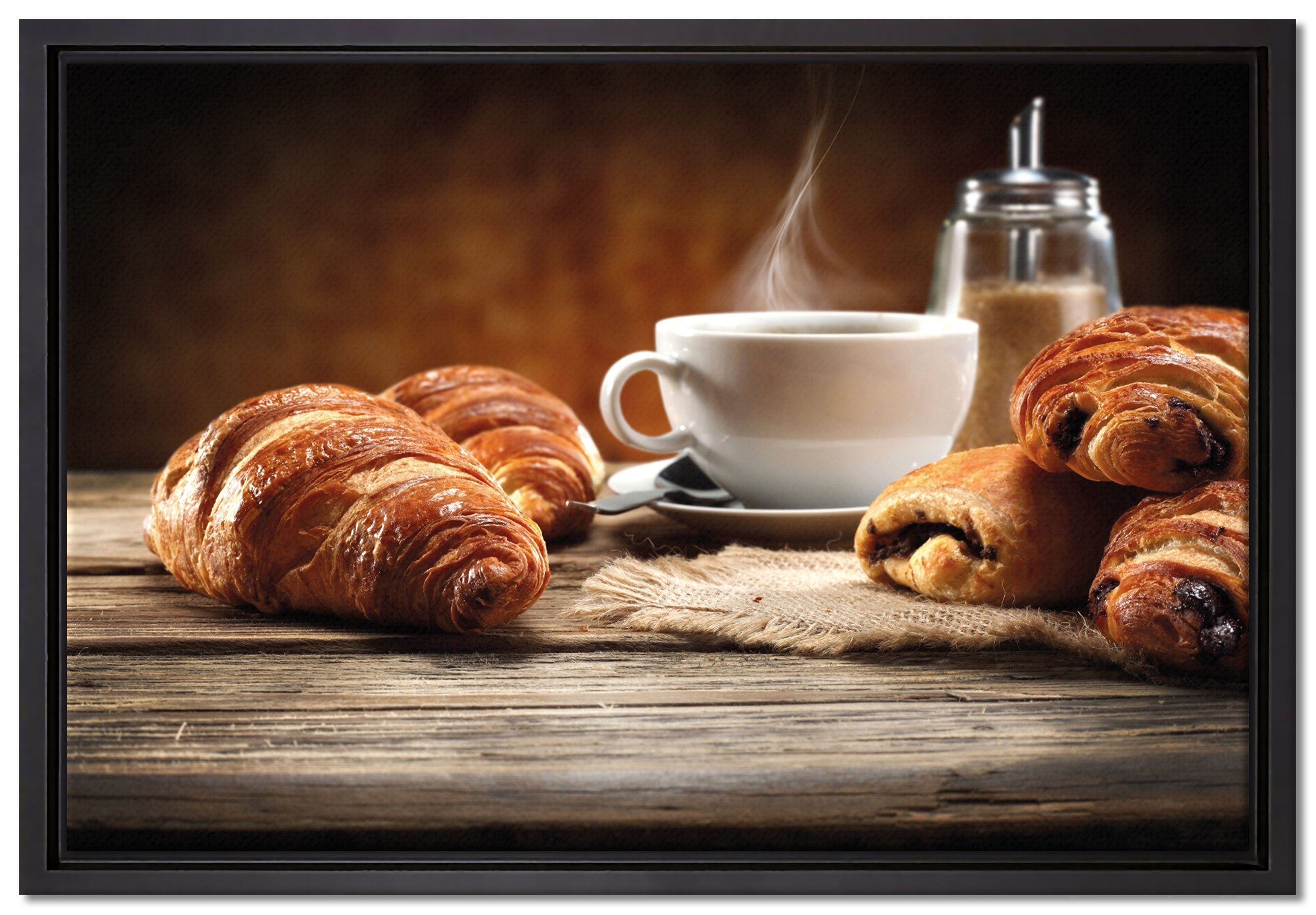 Pixxprint Leinwandbild Croissant zum Kaffee, Wanddekoration (1 St), Leinwandbild fertig bespannt, in einem Schattenfugen-Bilderrahmen gefasst, inkl. Zackenaufhänger