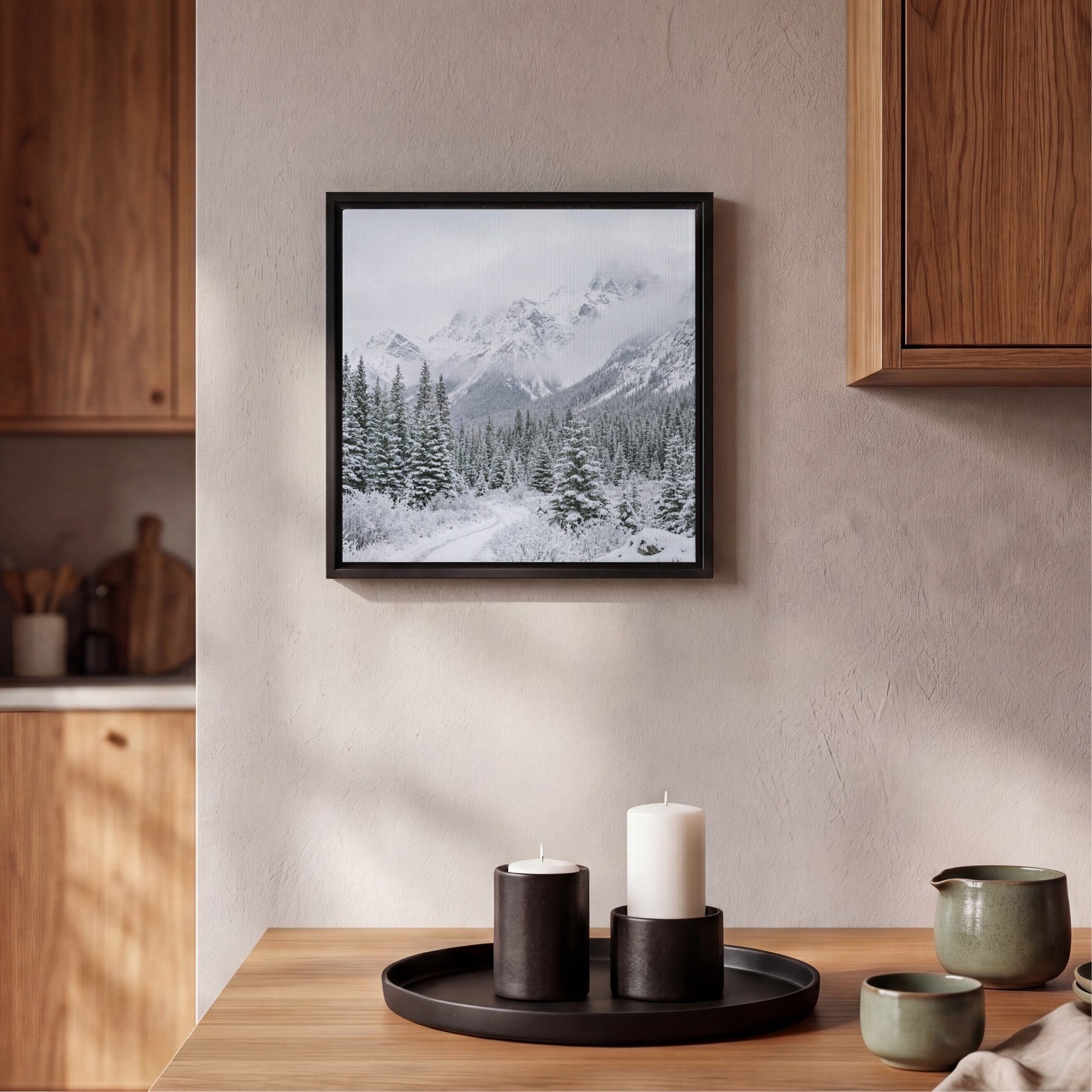 OneMillionCanvasses® Leinwandbild mit Rahmen - Straße - Berge - Schnee - Nadelwald - Abenteuerlich, Fotodruck (1 St), Leinwand Bilder Klein, Wand Dekoration Aesthetic 20x20cm