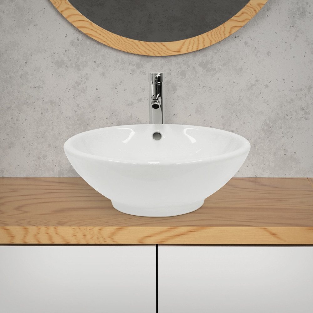 LuxeBath Waschbecken Aufsatzwaschtisch aus Keramik Waschtisch für Badezimmer und Gäste-WC, Aufsatzwaschtisch Handwaschbecken Waschplatz Weiß Ø 420 x 170 mm Rund