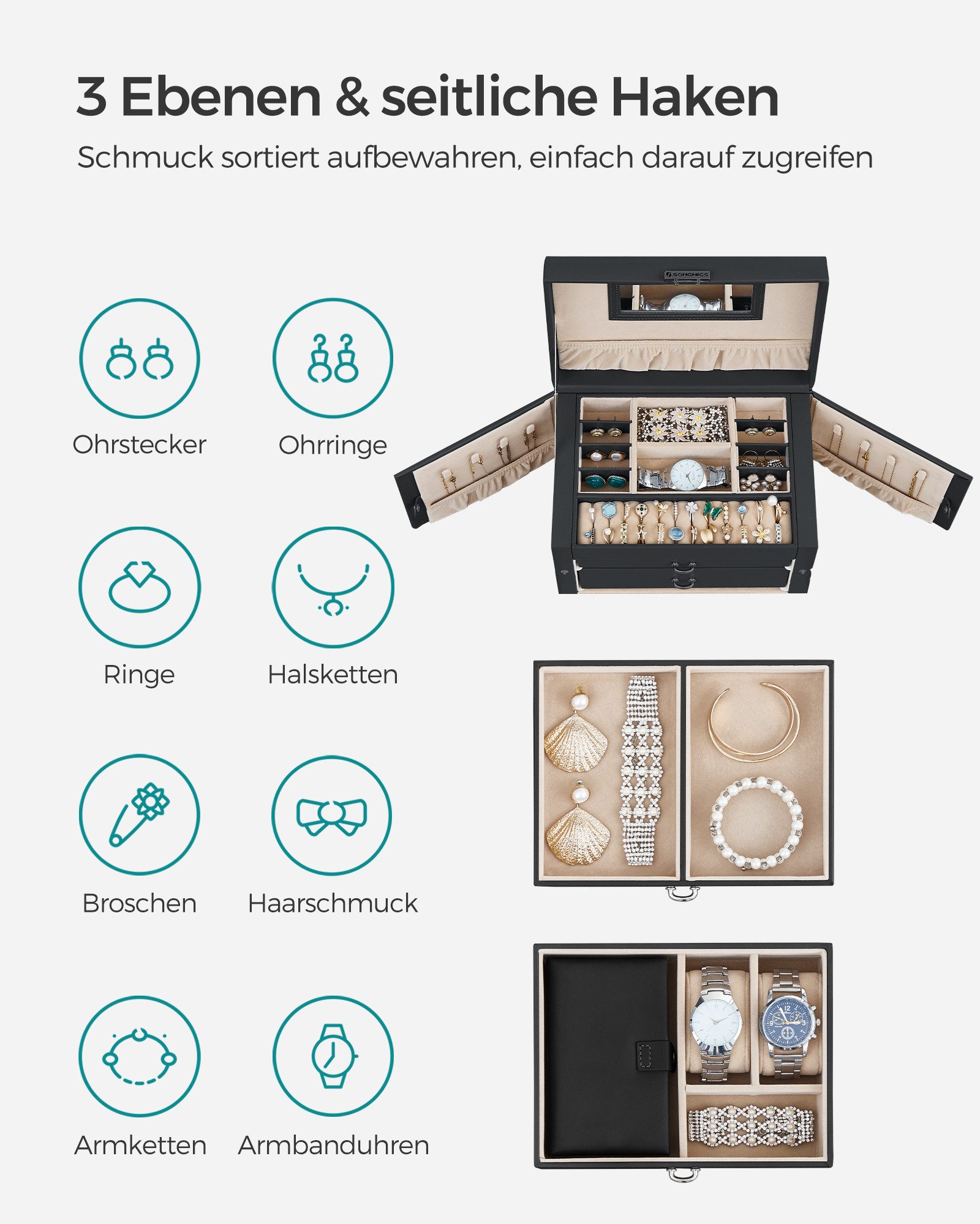 SONGMICS Schmuckkasten, Schmuckkästchen mit 2 Schubladen, abschließbarer, h günstig online kaufen