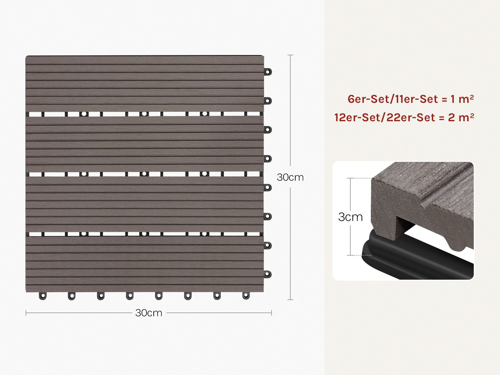 Woltu WPC-Fliesen, 22 St., Holzoptik Bodenbelag mit klicksystem (22 Stück/2 m)