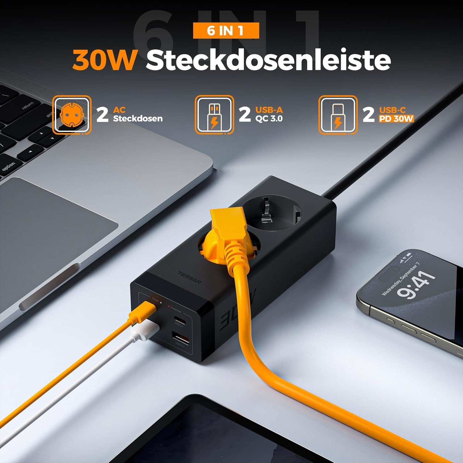 TESSAN Mehrfachsteckdose Adapterstecker 3600W 2 USB Weiß für Phone Schuko Mehrfachsteckdose (USB-Anschlusse, Ein-/Ausschalter)