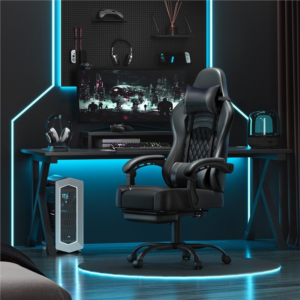 Yaheetech Gaming-Stuhl mit Massagefunktion & Kopfstütze & Fußstütze Ergonomischer PC-Stuhl, höhenverstellbarer Drehstuhl Computerstuhl Verstellbare Rückenlehne